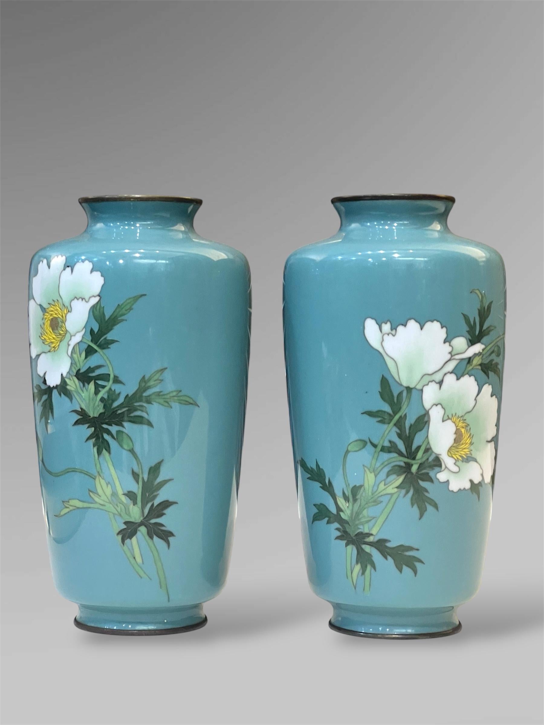 Enamel A Fine Pair of Japanese Cloisonné Vases with White Peonies by Ando