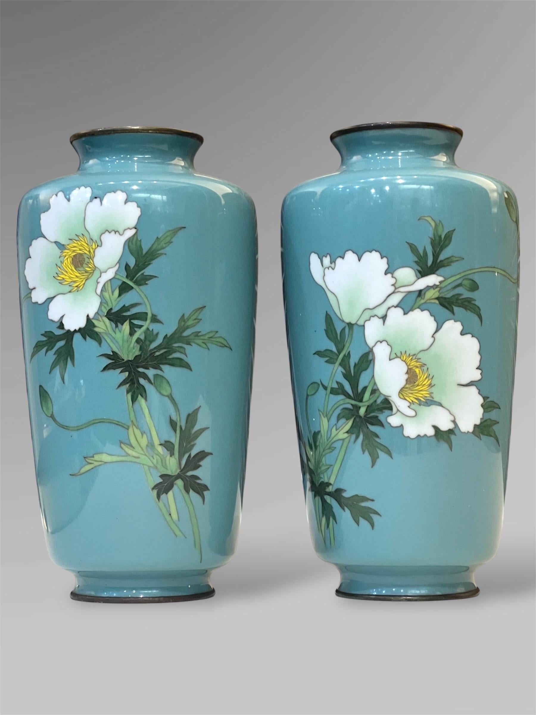 A Fine Pair of Japanese Cloisonné Vases with White Peonies by Ando 1