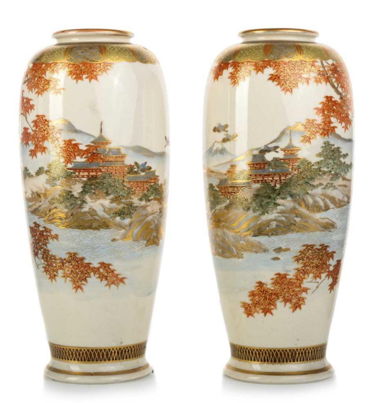 
A Fine Pair of Japanese Satsuma Vases, Meiji Period , Signed Reizan. 

Of baluster form with gently flared neck and footrim, each vase exquisitely hand-painted in with continuous panoramic scenes of tranquil lakeside landscapes. The imagery