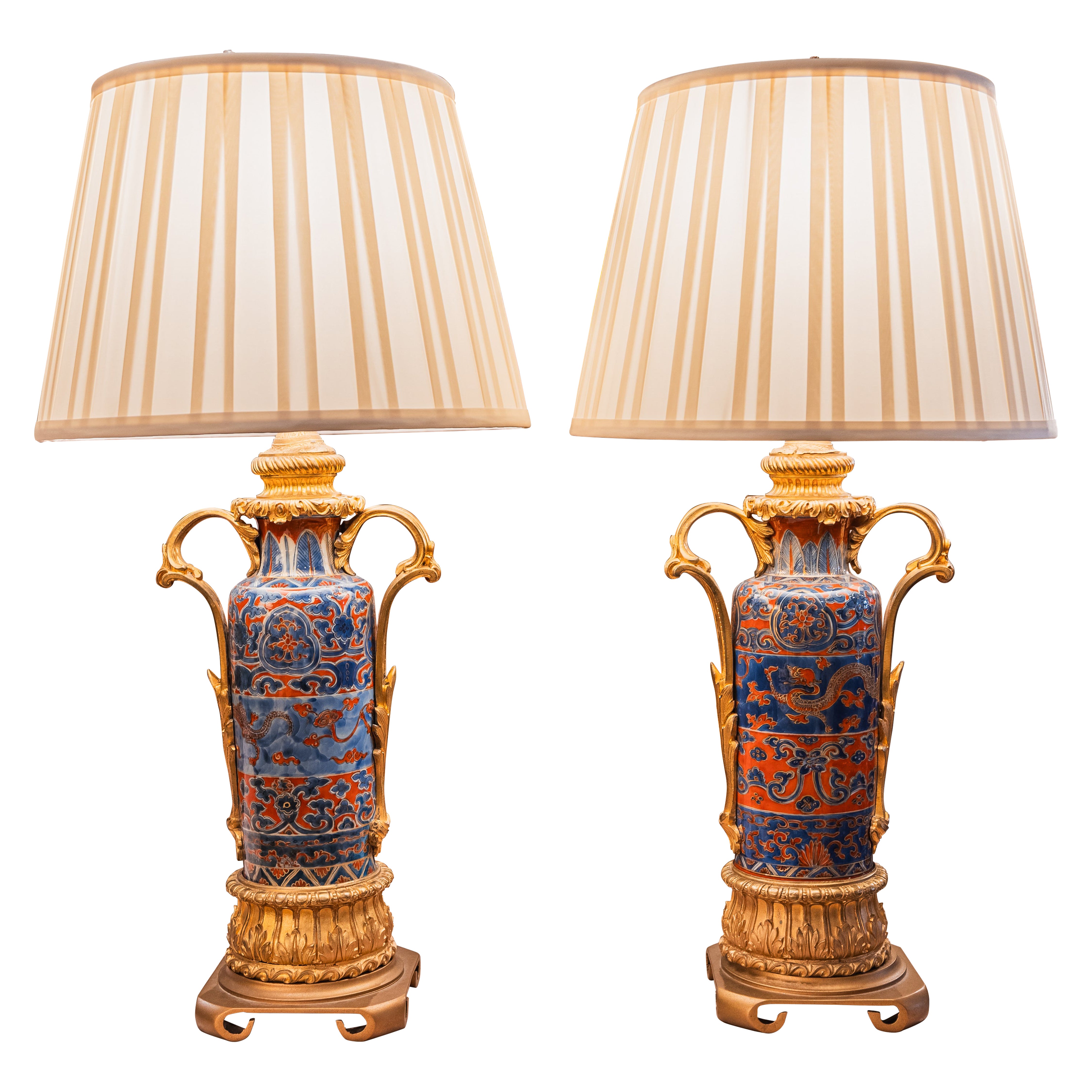 A fine pair of Japanese water bottles with gilt bronze mounts made into lamps For Sale