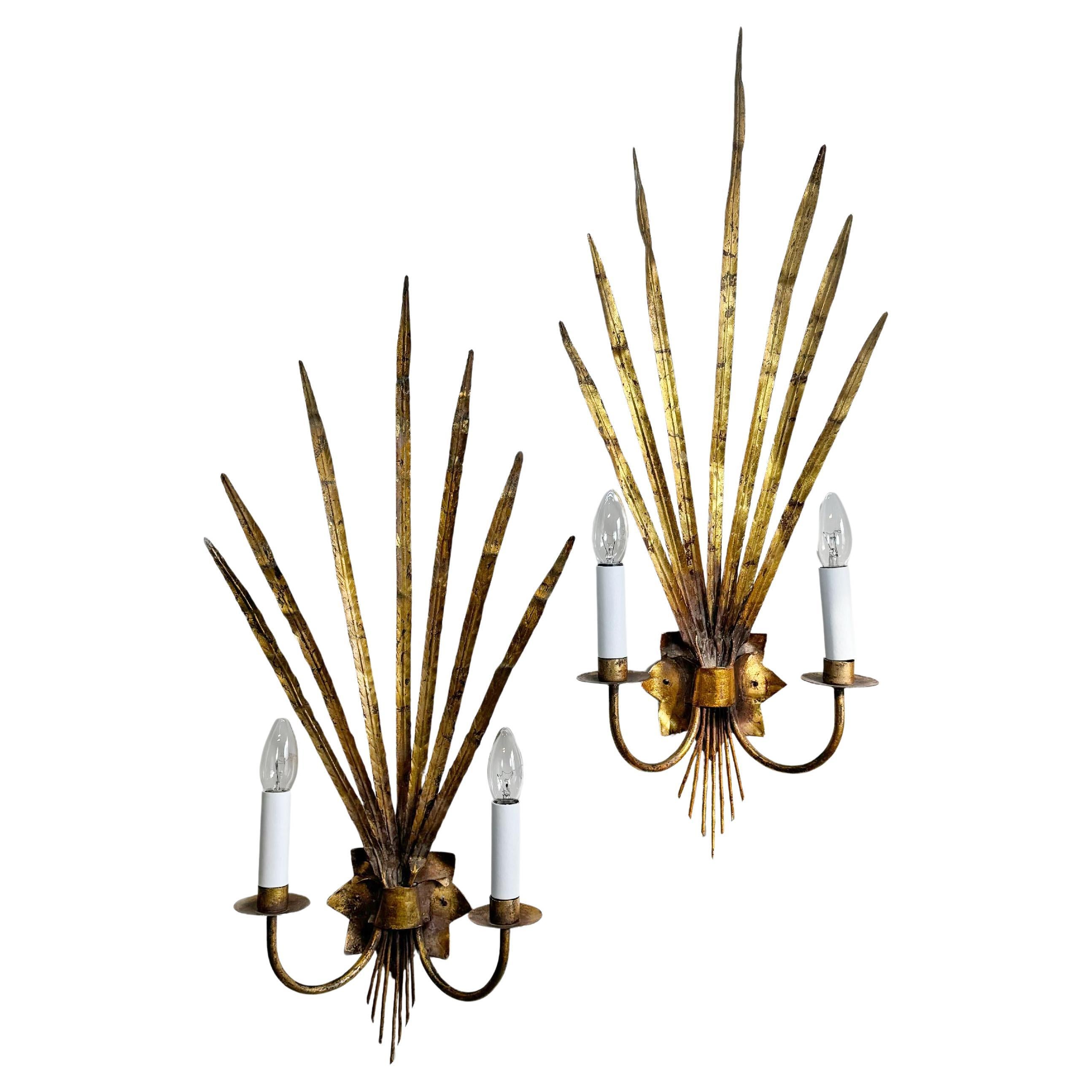A Fine Pair of Large Scale 1950's Gold Reed Leaf Wall Lights by Ferrocolor Spain