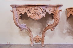 A fine pair of late 18th c English pine carved consoles with breche d alep tops