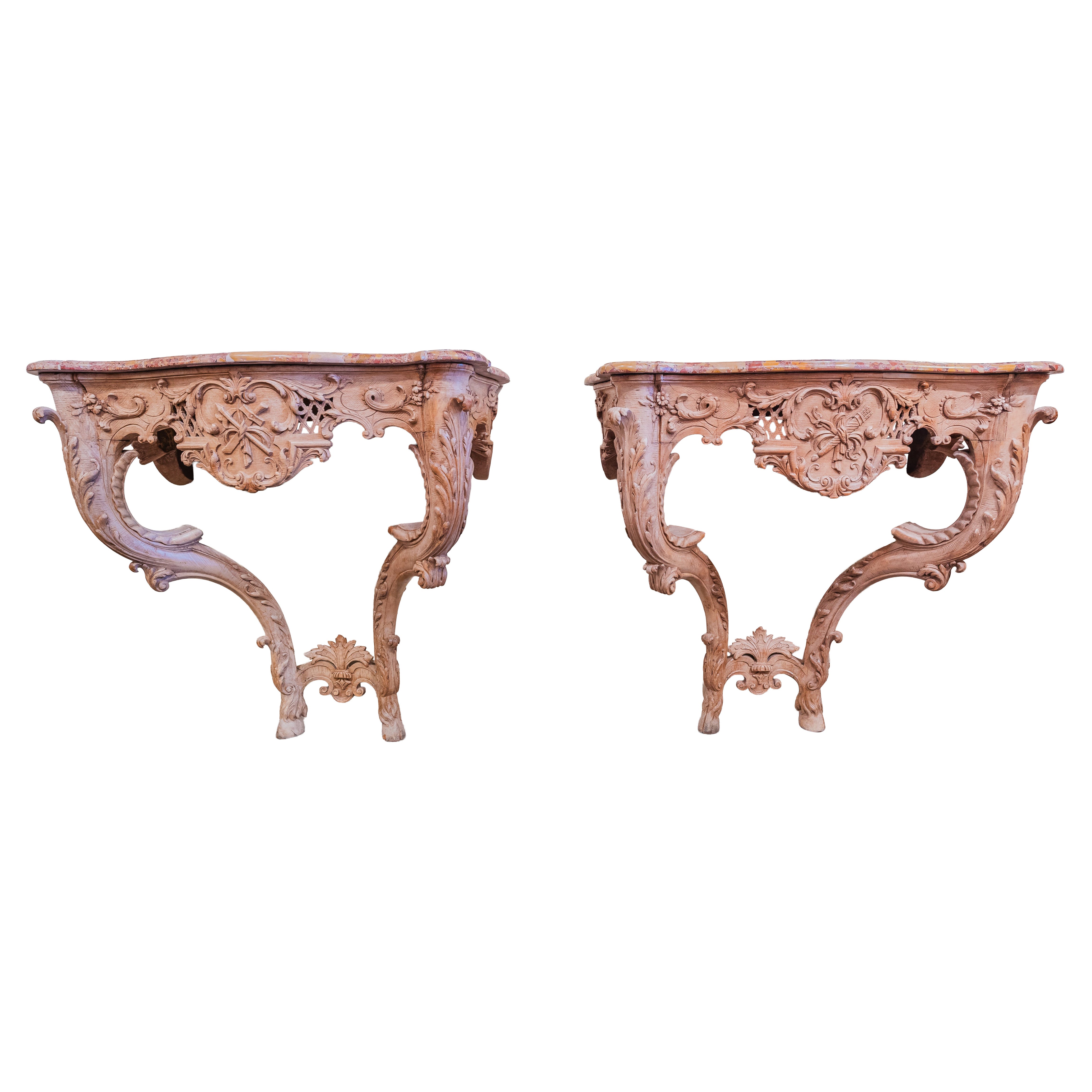A fine pair of late 18th c English pine carved consoles with breche d alep tops For Sale