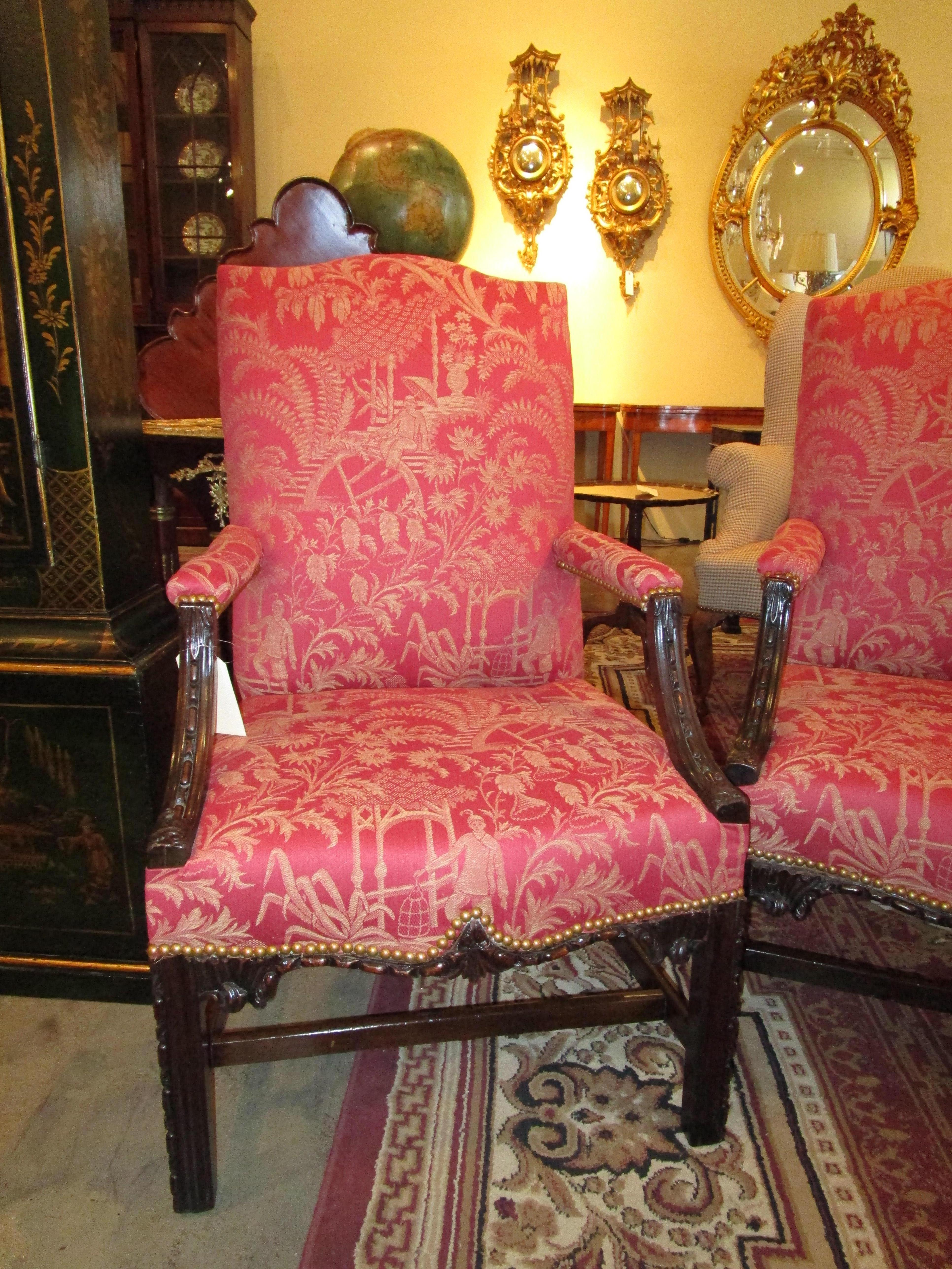 English Fine Pair of Late 18th Century Chinese Chippendale Mahogany Armchairs