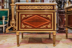 A fine pair of late 19th c French Louis XVI mahogany and satinwood commodes