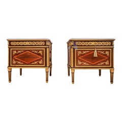 A fine pair of late 19th c French Louis XVI mahogany and satinwood commodes