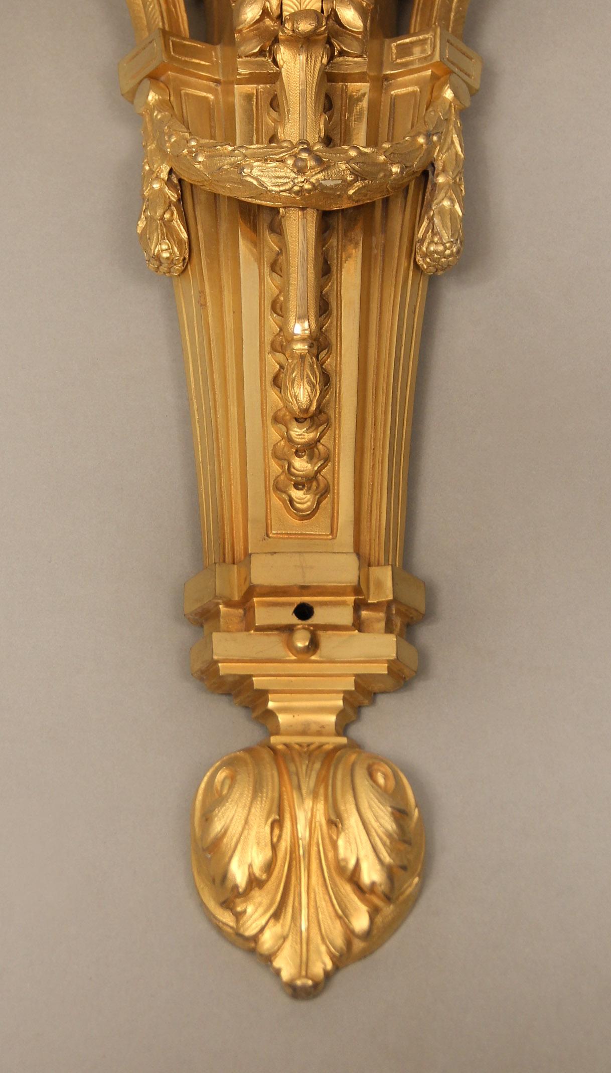 French Fine Pair of Late 19th Century Gilt Bronze Three Light Sconces