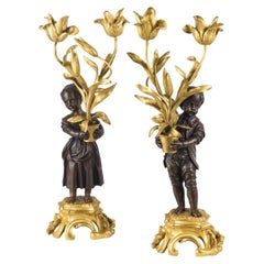 Fine Pair of Louis XV Style Gilt and Patinated Bronze Two-Light Candelabras