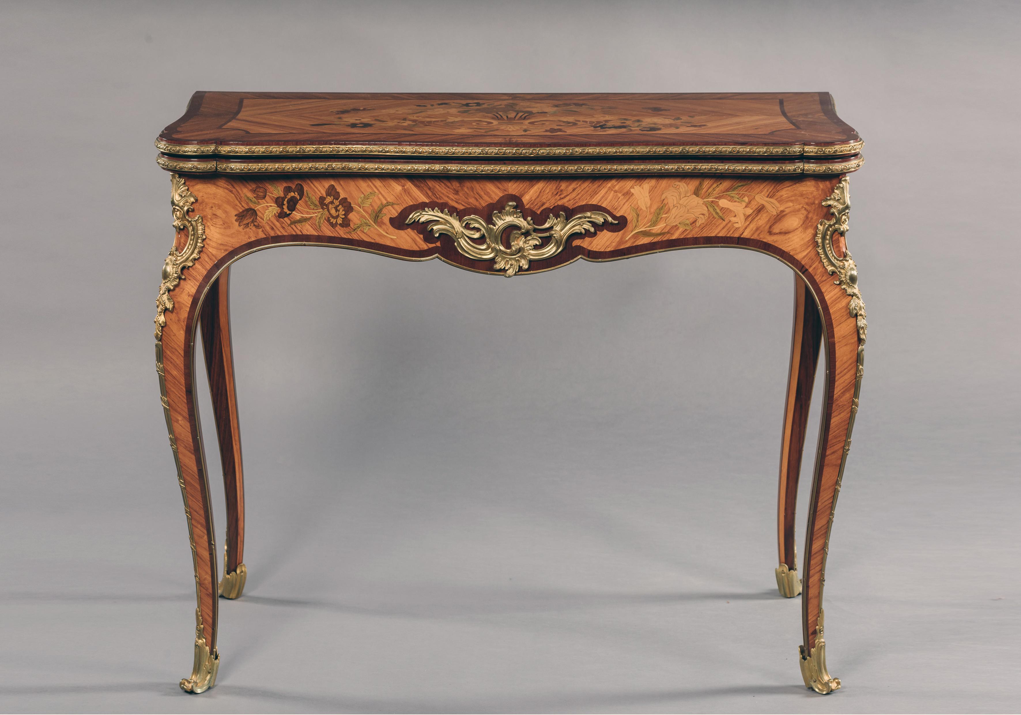 Bronze Pair of 19th Century French Louis XV Style Marquetry Inlaid Card Tables For Sale