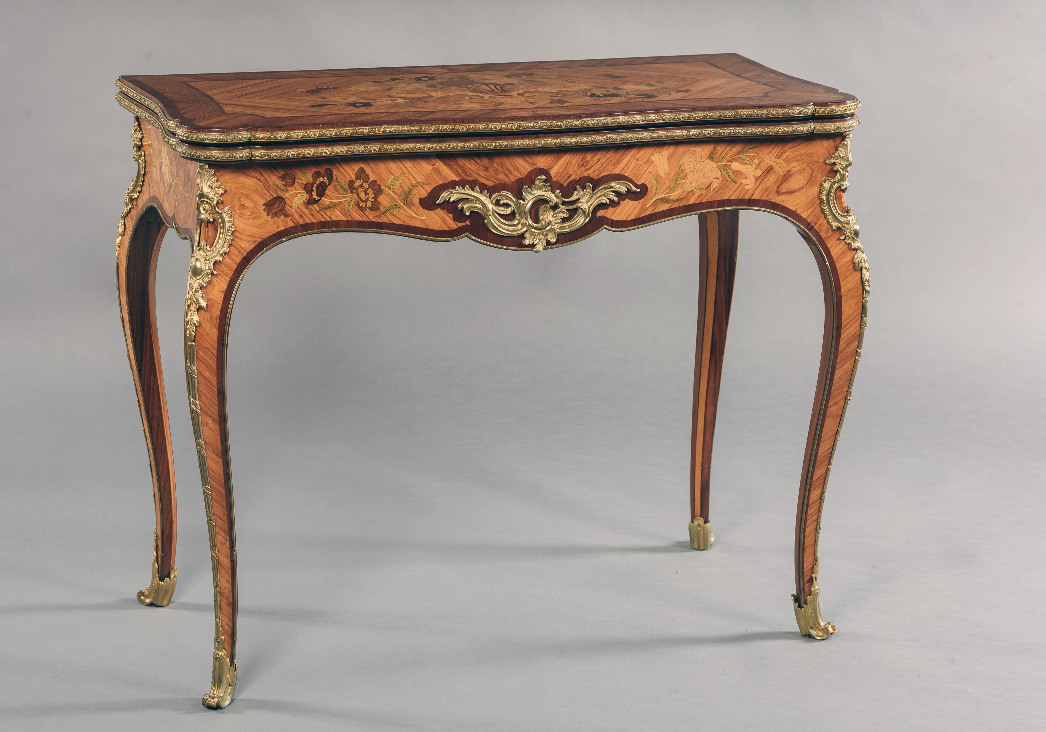 Pair of 19th Century French Louis XV Style Marquetry Inlaid Card Tables For Sale 1