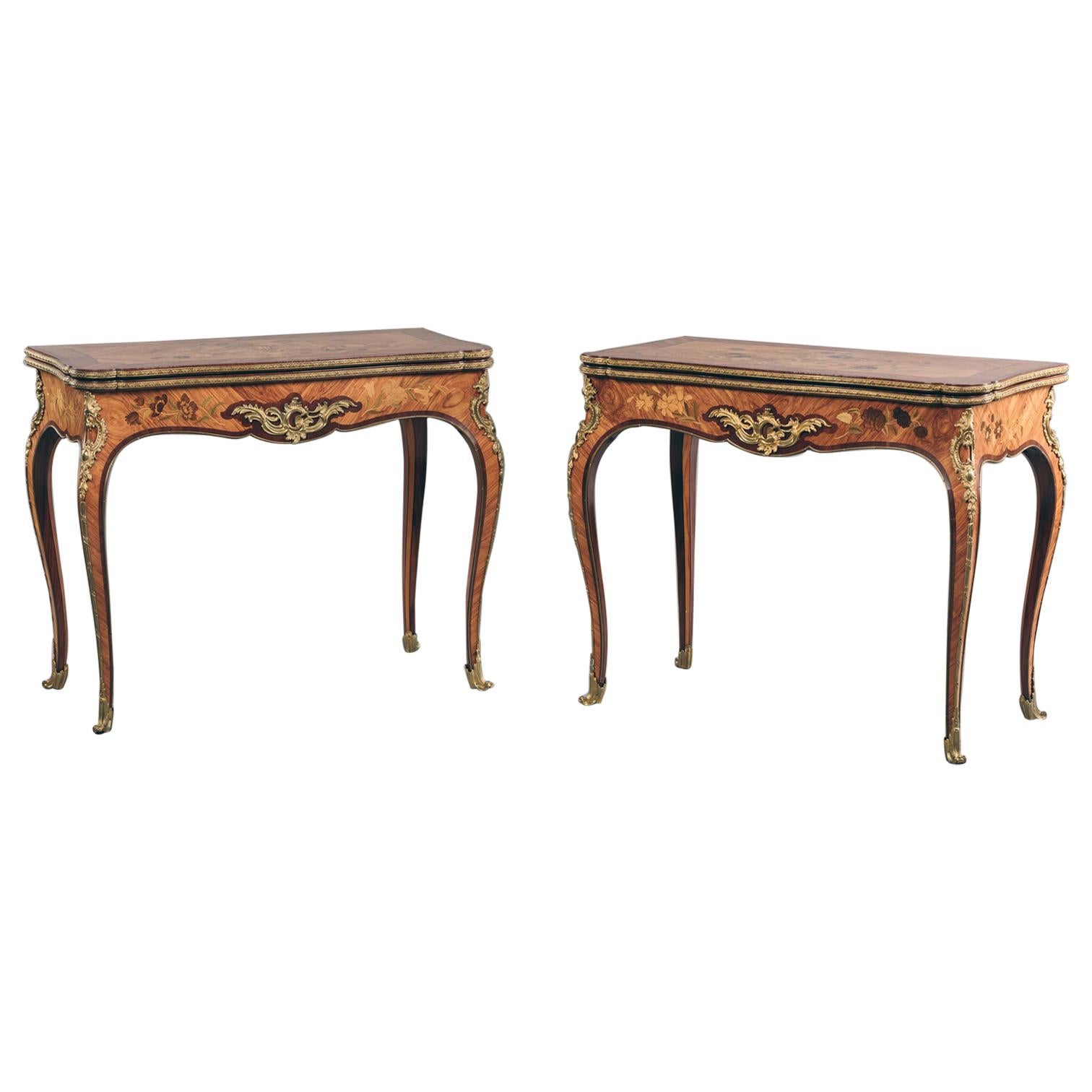 Pair of 19th Century French Louis XV Style Marquetry Inlaid Card Tables For Sale
