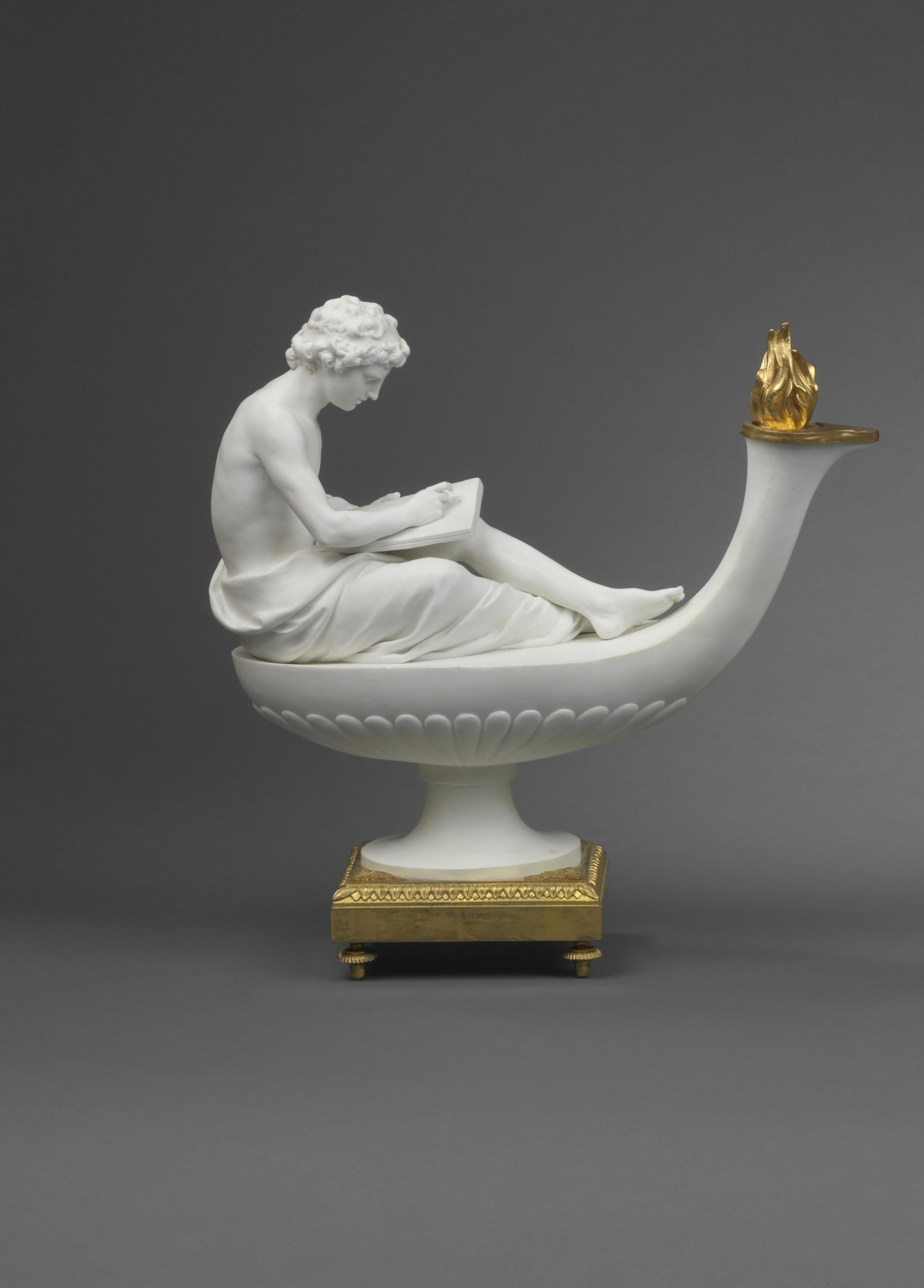 A pair of seated, allegorical, Sèvres biscuit figures, each one forming the top of an oil lamp, the spout being edged with an ormolu moulded ring: One being a figure of the woman, her hair elaborately plaited with a crescent to the front, her