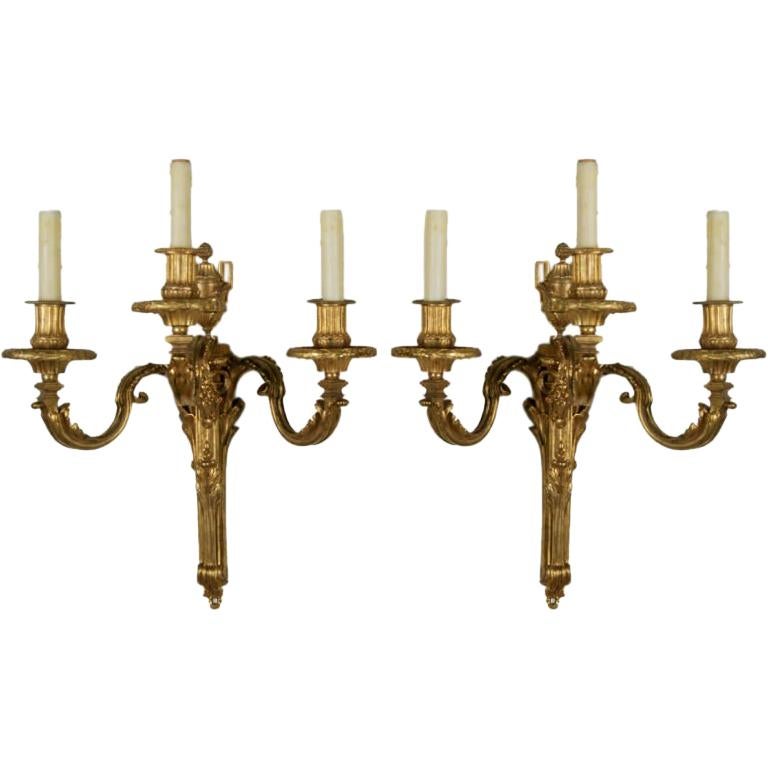 A Fine Pair Of Louis XVI Style Gilded Sconces For Sale