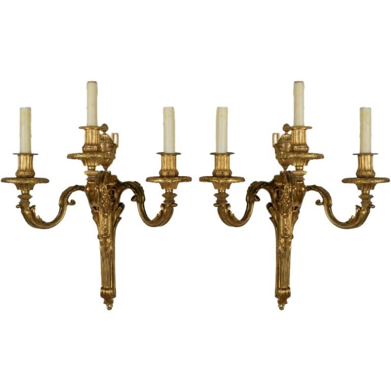 A Fine Pair Of Louis XVI Style Gilded Sconces For Sale