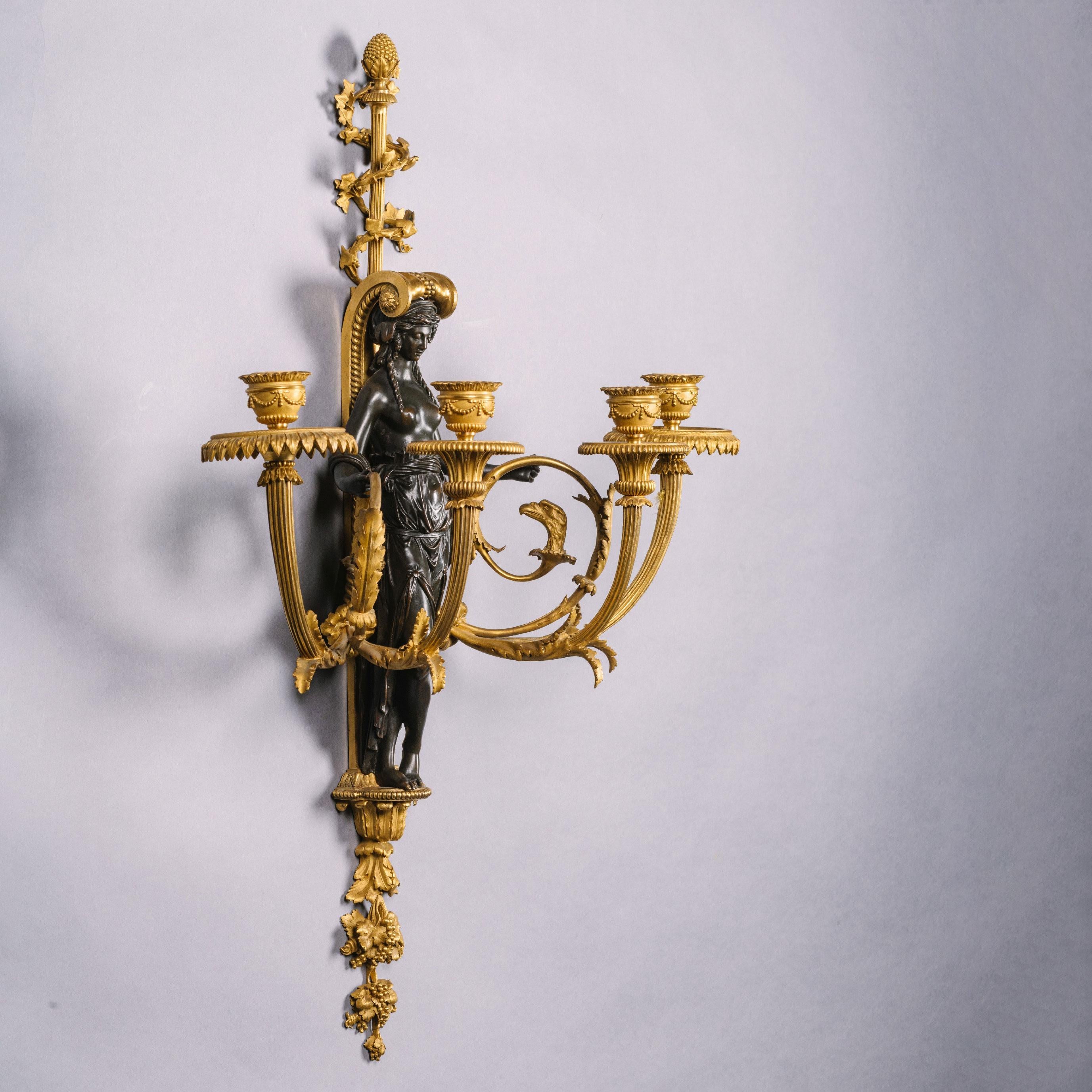 19th Century Fine Pair of Louis XVI Style Gilt and Patinated Bronze Wall-Appliques For Sale