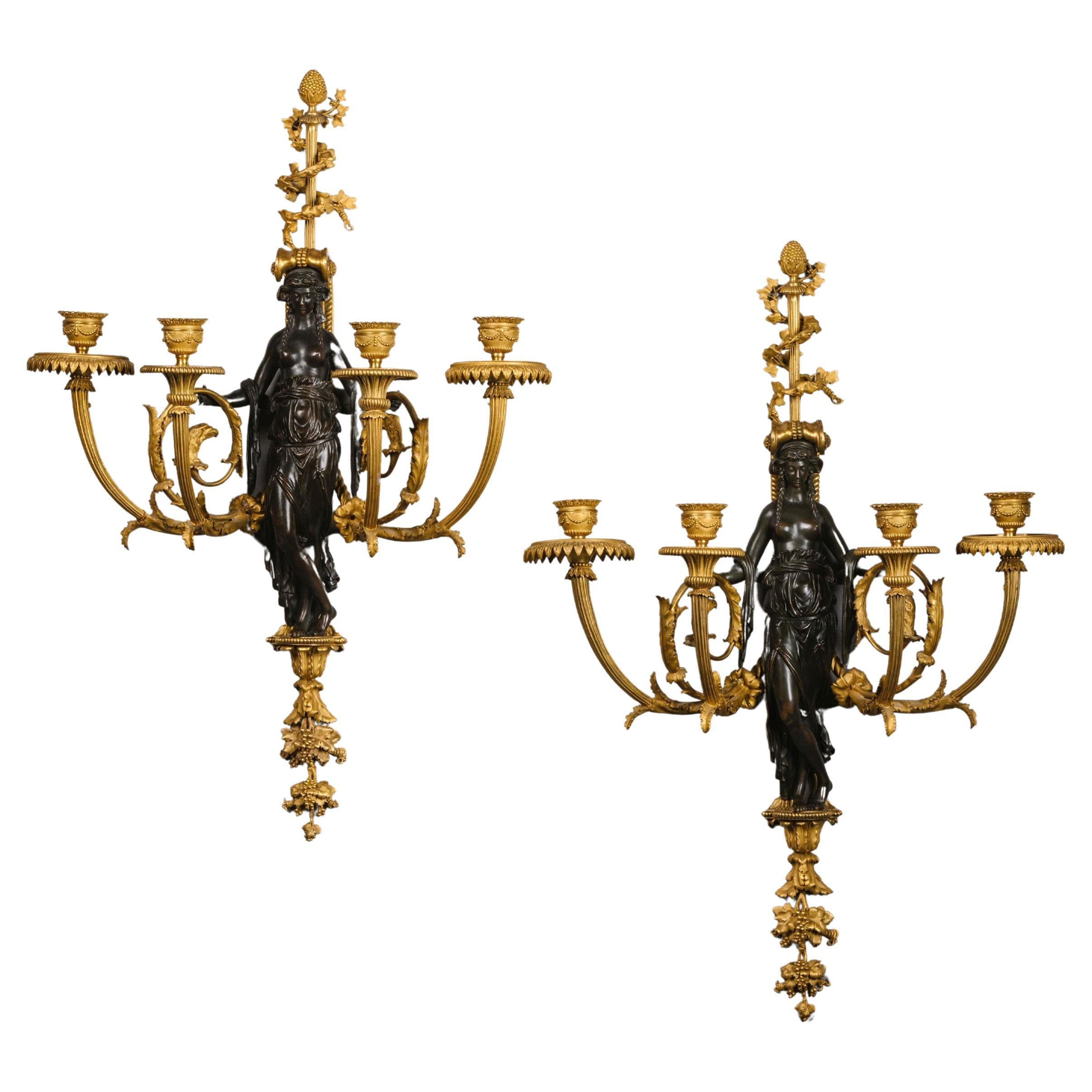 Fine Pair of Louis XVI Style Gilt and Patinated Bronze Wall-Appliques For Sale
