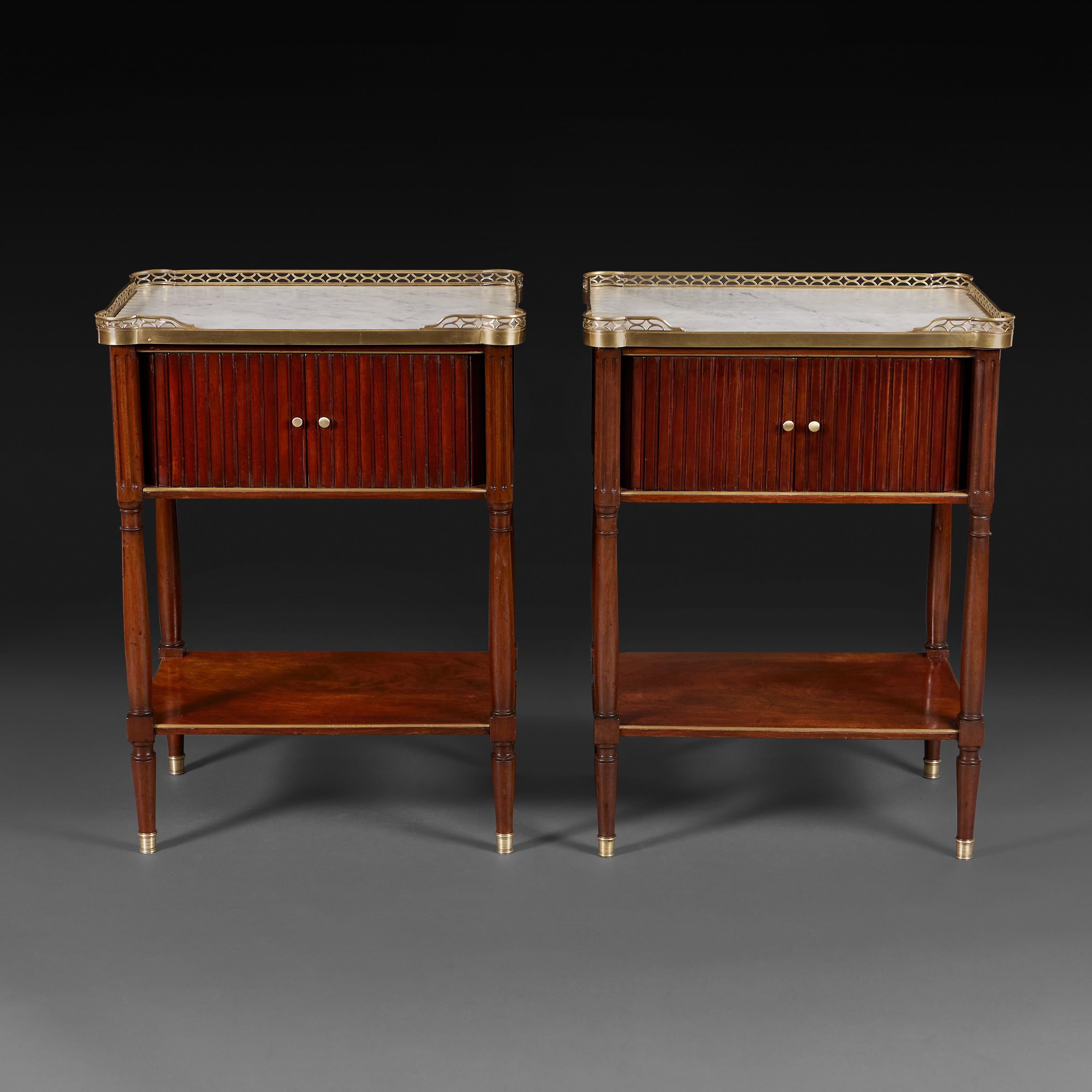 French A Fine Pair of Louis XVI Tambour Front Bedside Tables 