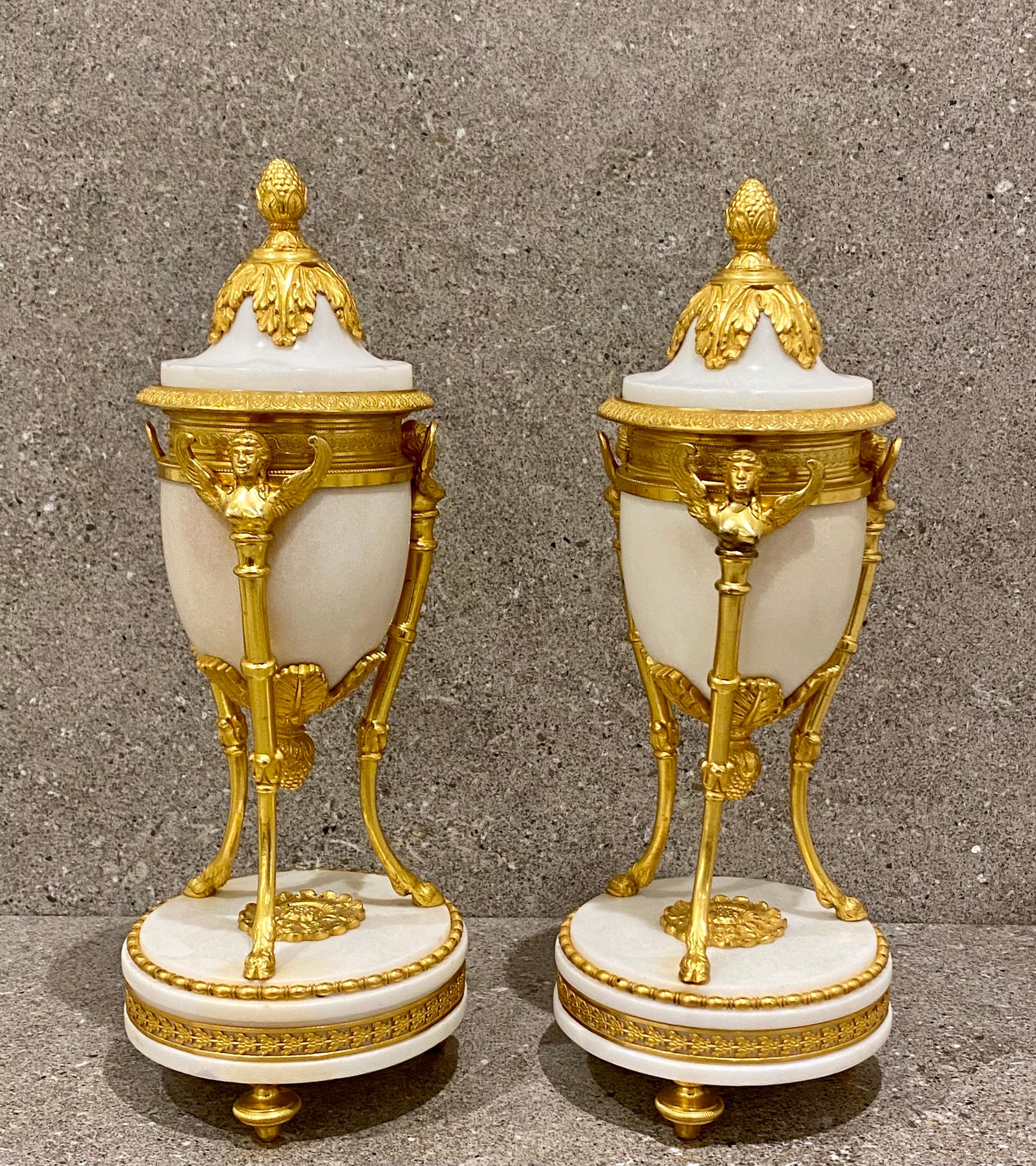 Fine Pair of Louis XVI Winged Sphinx Gilt-Bronze and white Marble Cassolettes 5