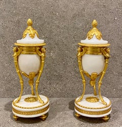 Fine Pair of Louis XVI Winged Sphinx Gilt-Bronze and white Marble Cassolettes