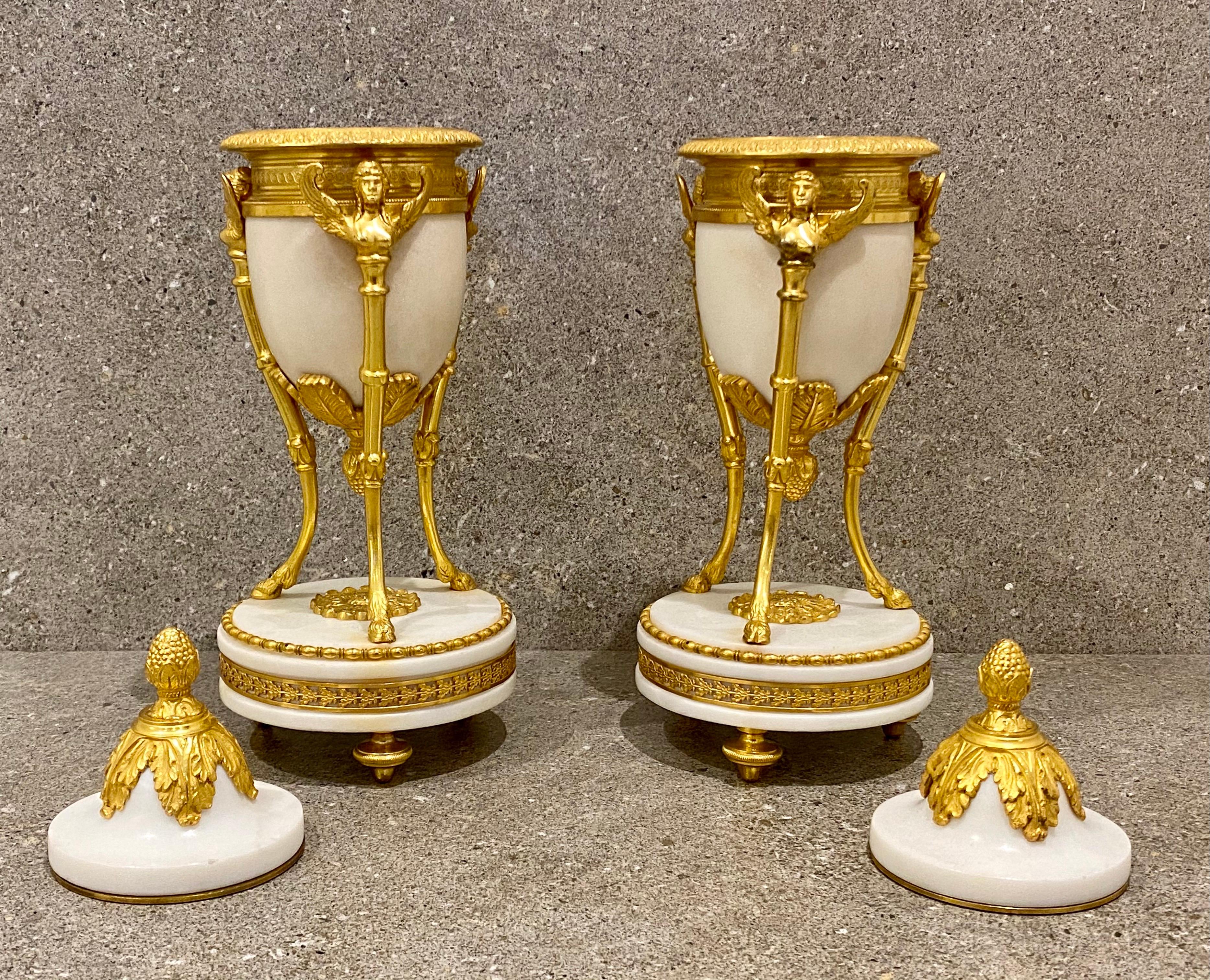 French Fine Pair of Louis XVI Winged Sphinx Gilt-Bronze and white Marble Cassolettes