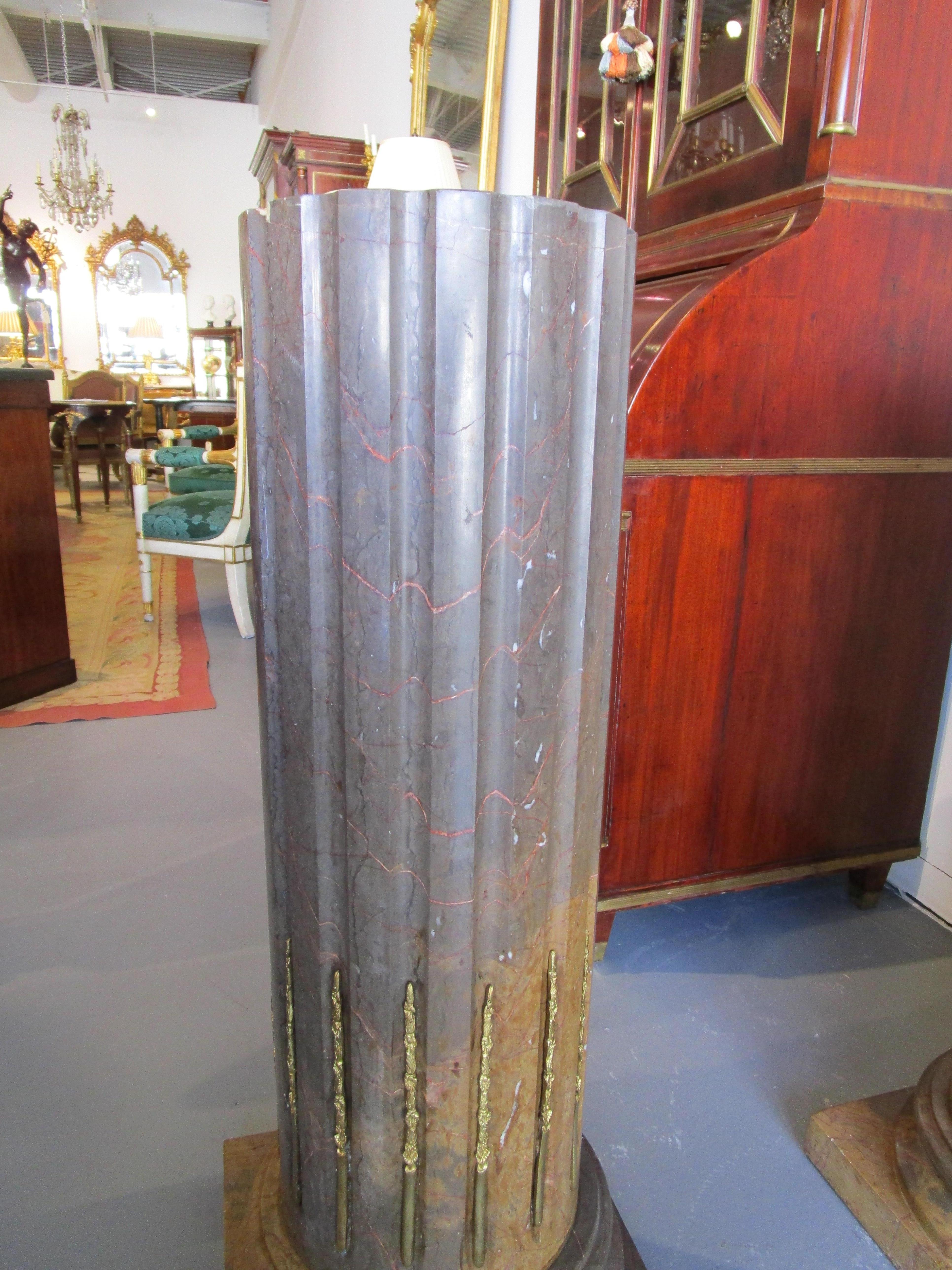 Classical Roman Fine Pair of Marble and Gilt Bronze Mounted Column Pedestals For Sale