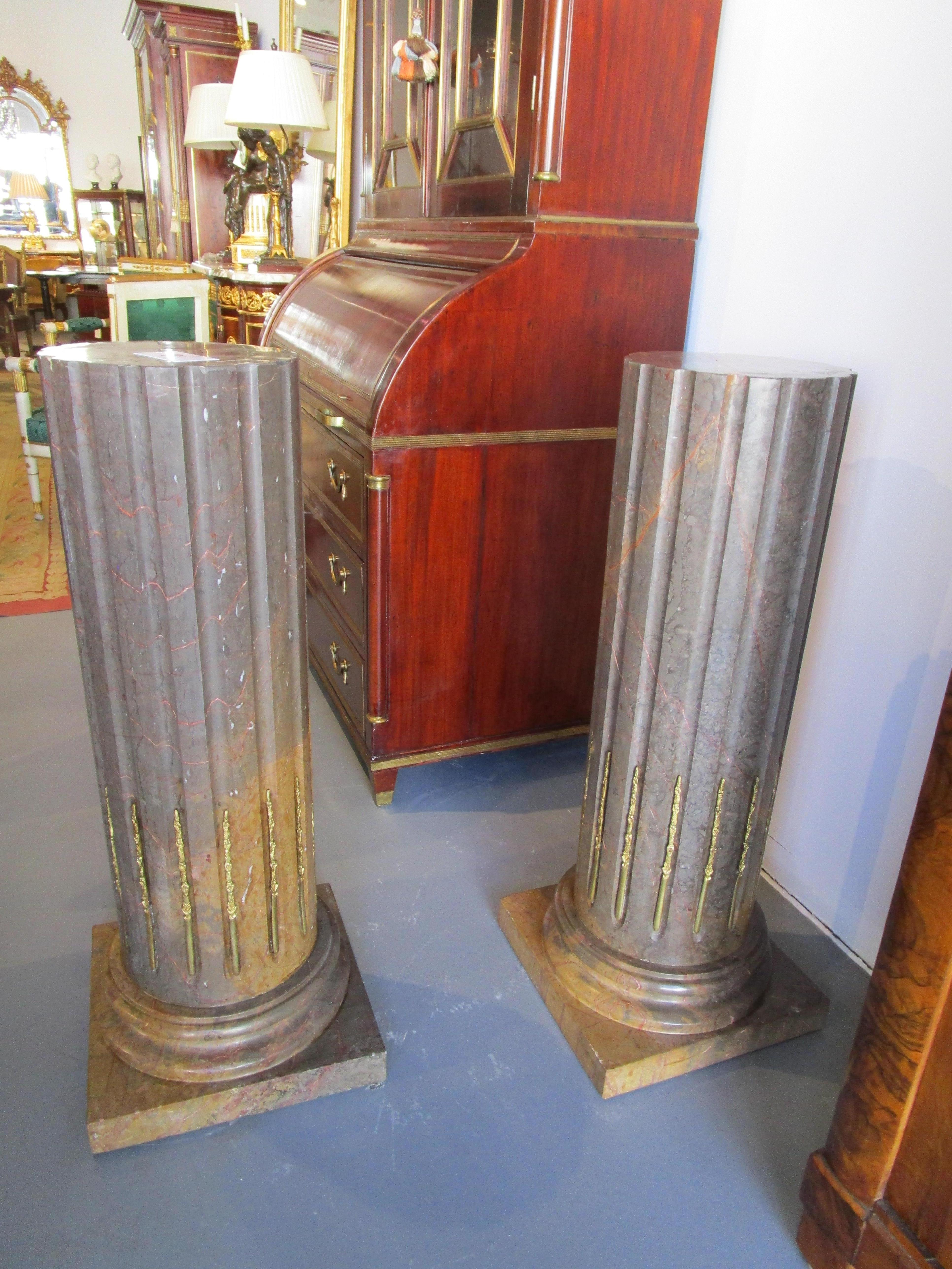 Fine Pair of Marble and Gilt Bronze Mounted Column Pedestals For Sale 2