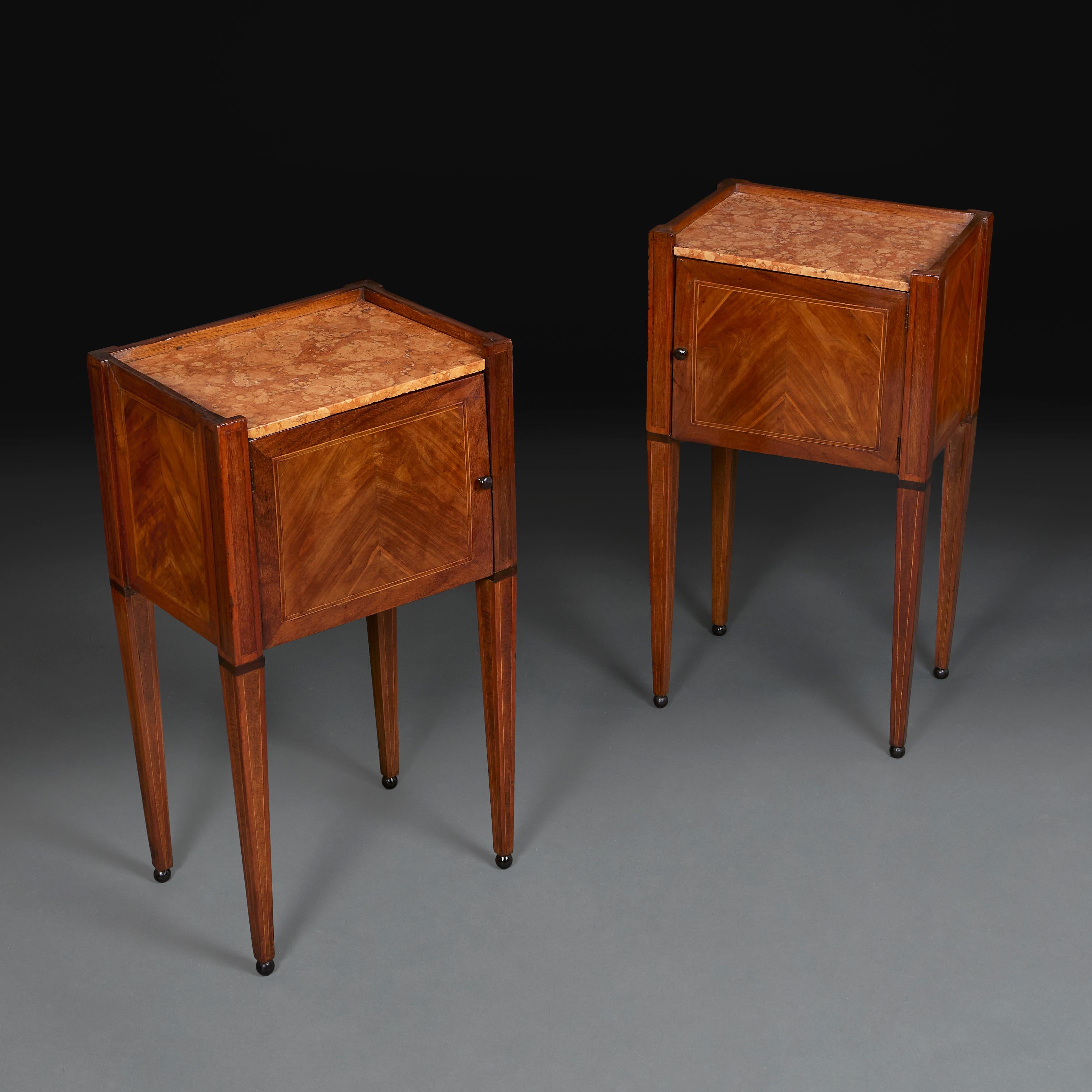 French A Fine Pair of Marquetry Bedside Tables with Red Marble Tops
