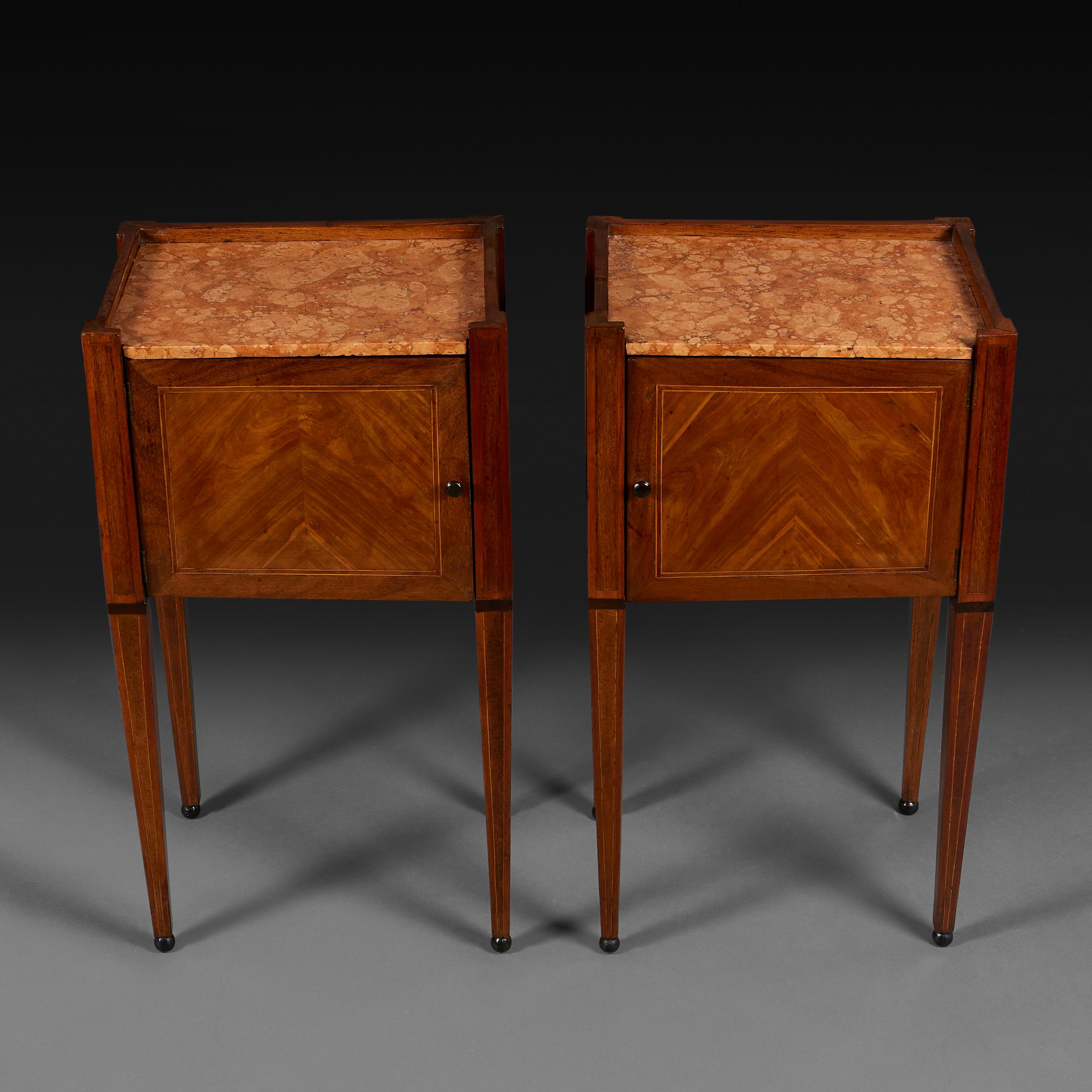 A Fine Pair of Marquetry Bedside Tables with Red Marble Tops In Good Condition In London, GB