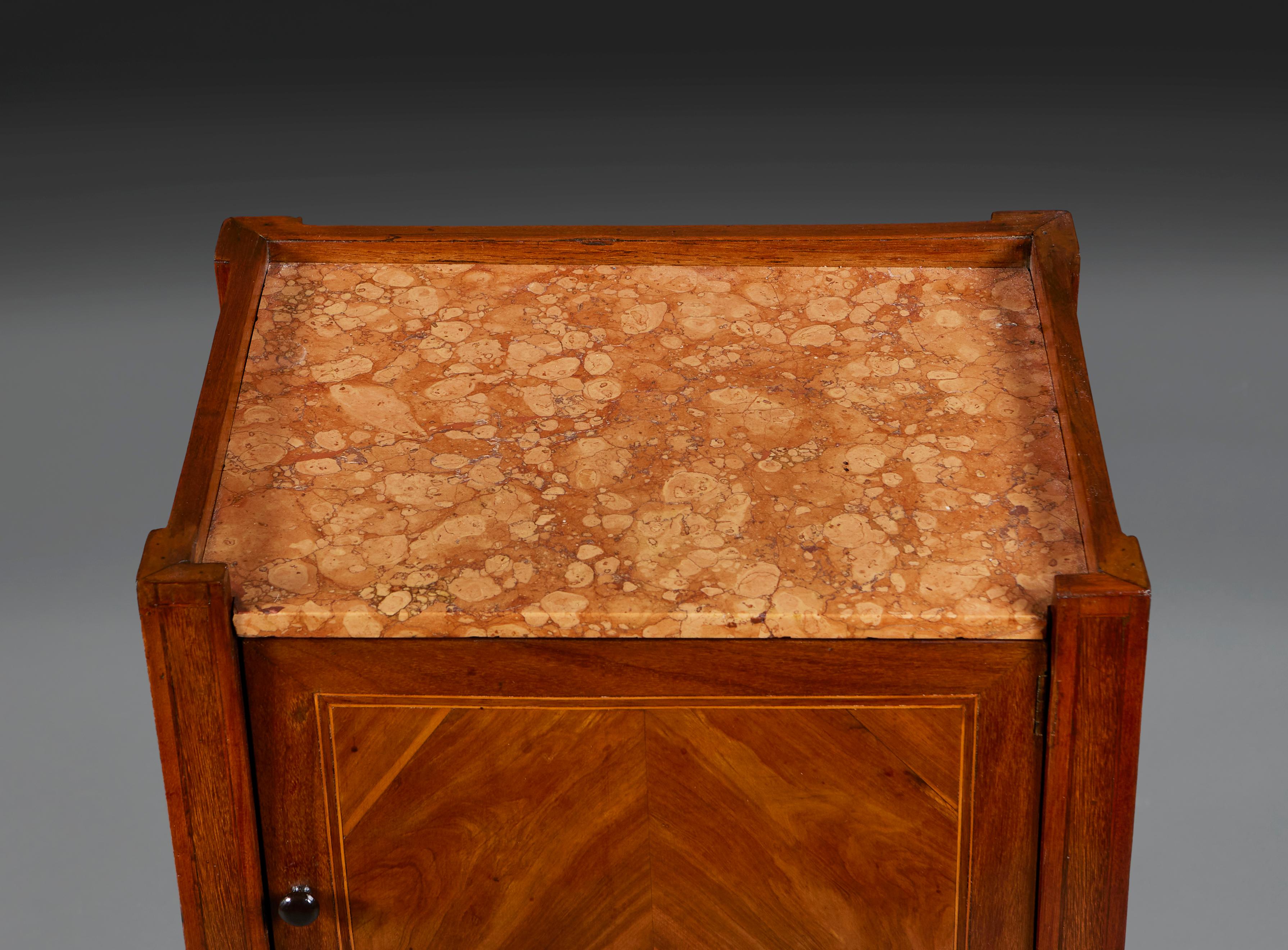19th Century A Fine Pair of Marquetry Bedside Tables with Red Marble Tops