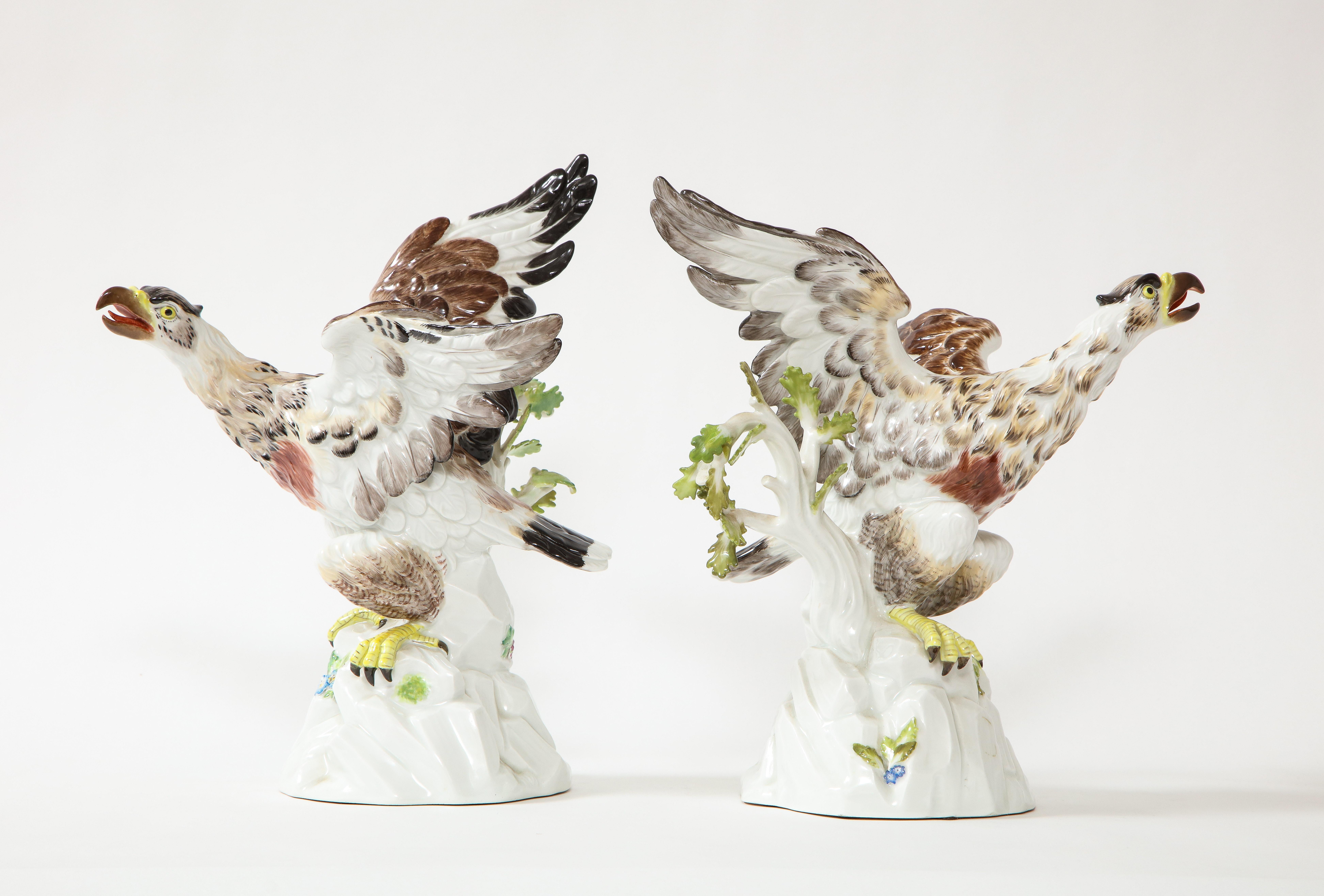 Hand-Painted Fine Pair of Meissen Porcelain Models of Eagles Resting on Branches For Sale