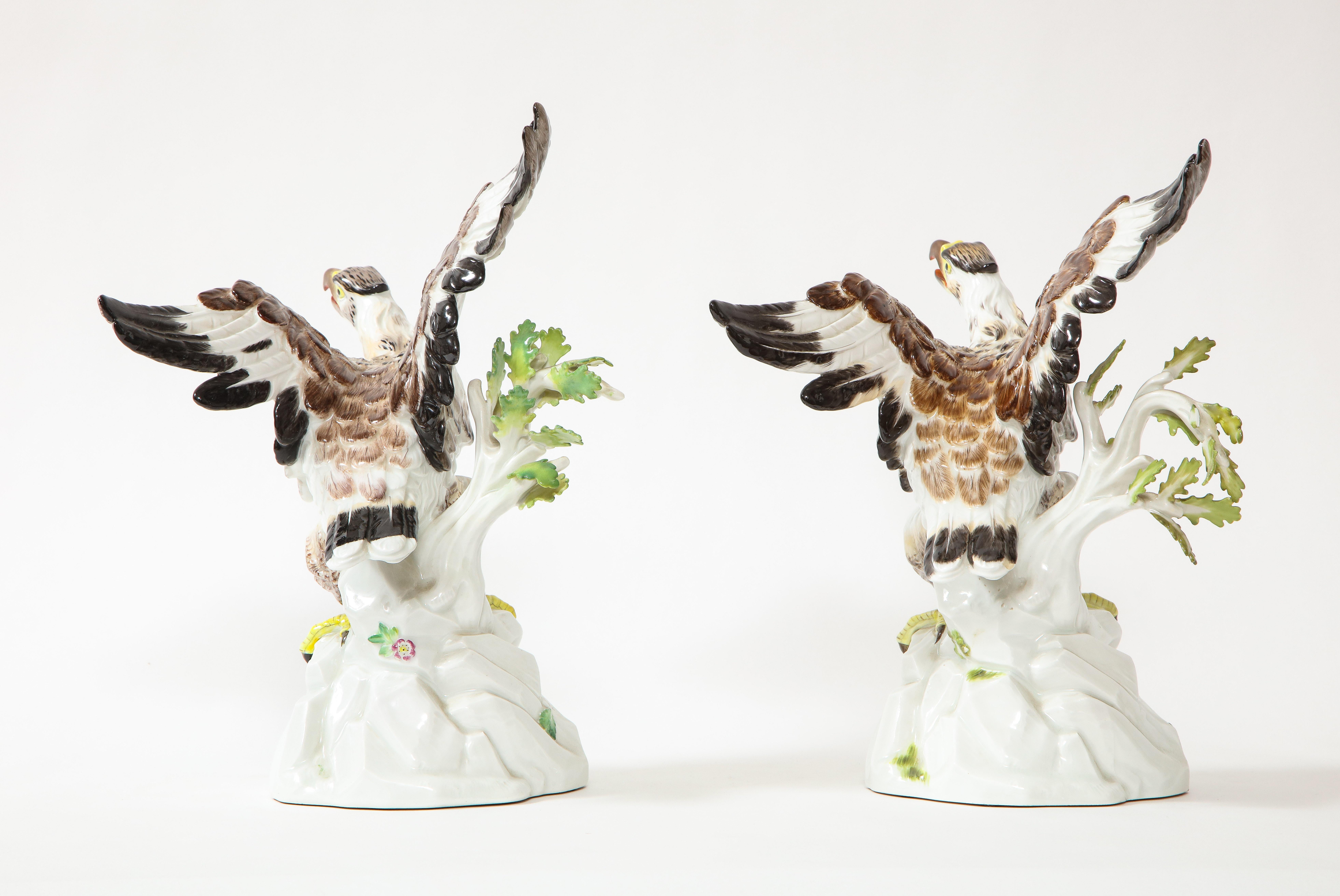 Hand-Painted Fine Pair of Meissen Porcelain Models of Eagles Resting on Branches For Sale