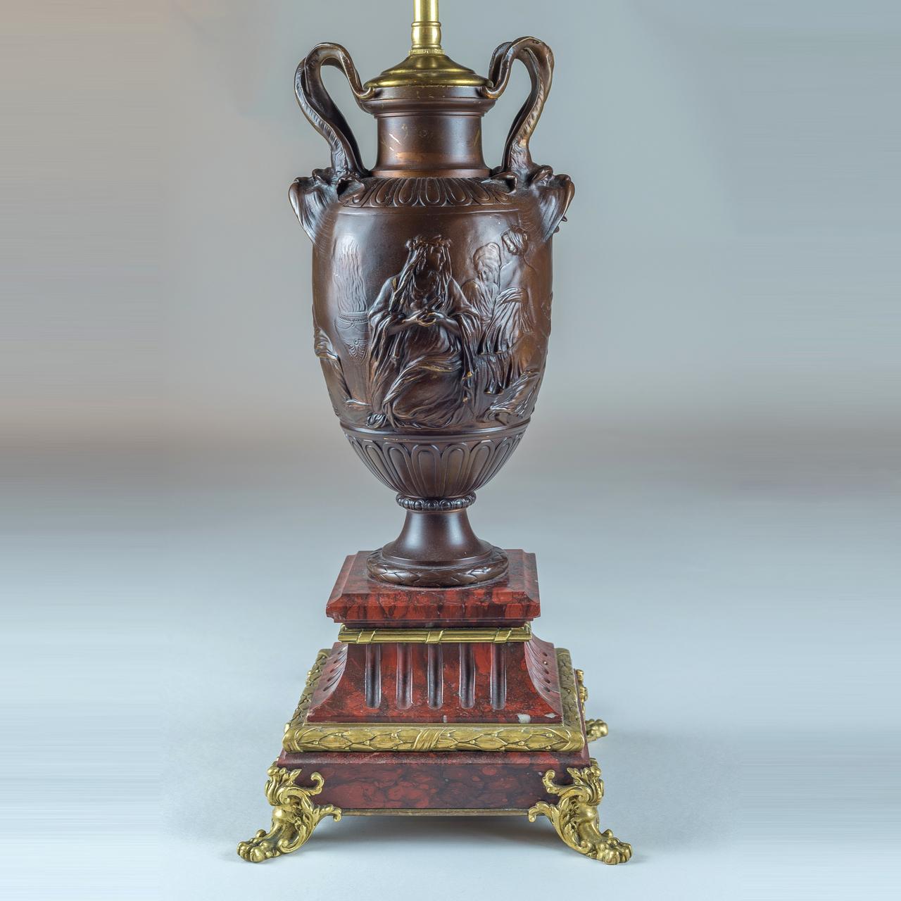 Neoclassical Revival Fine Pair of Neo-Classical Revival Bronze Urns Mounted as Lamps For Sale