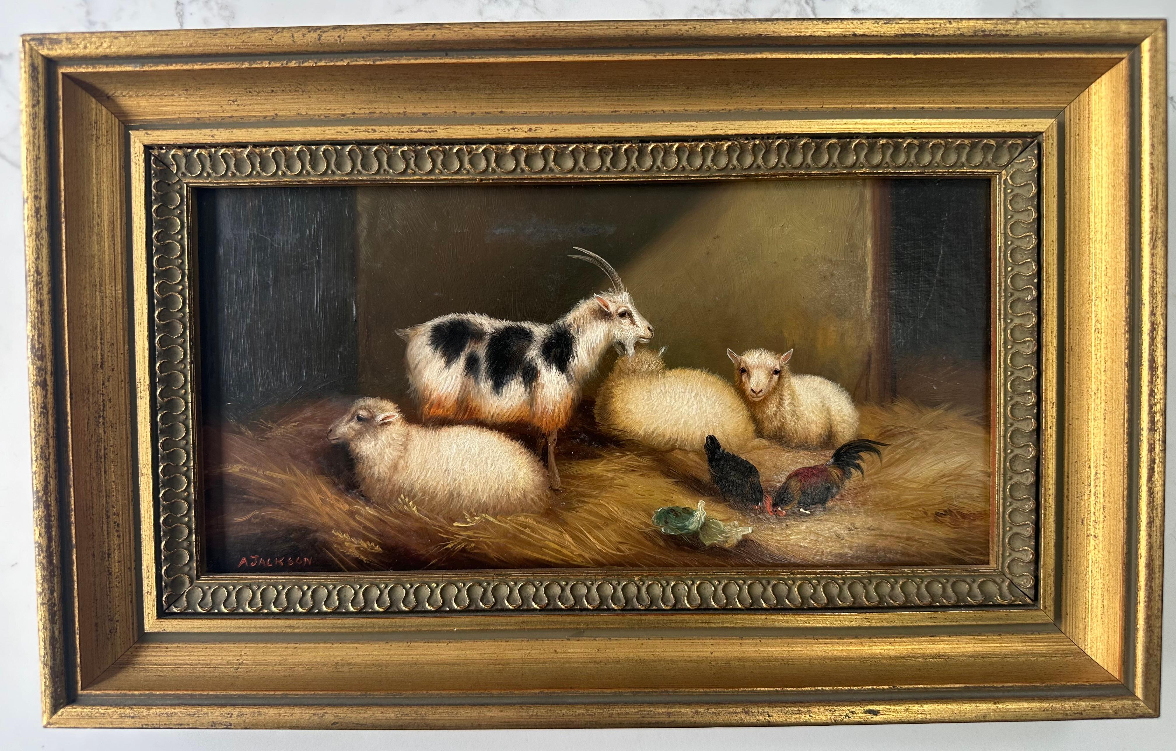 A fine pair of oil on board farm yard scenes, consisting of sheep, hens, goats and chickens. Surrounded by two lovely gold guilt frames. 
Signed and painted by the British artist Albert Jackson . 1873 to 1952.