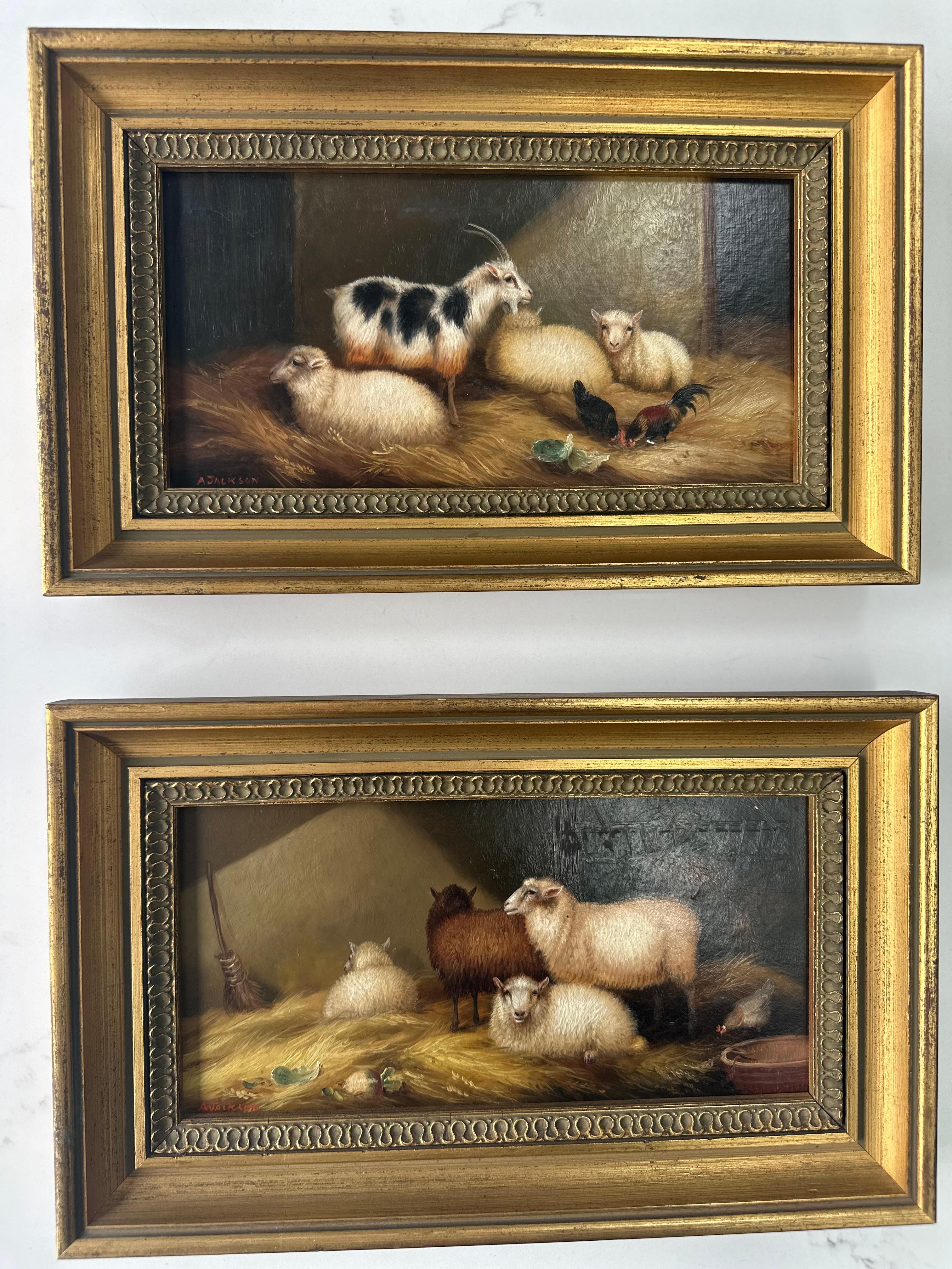 A fine pair of of oil on board farm yard scenes.  In Good Condition For Sale In Southall, GB
