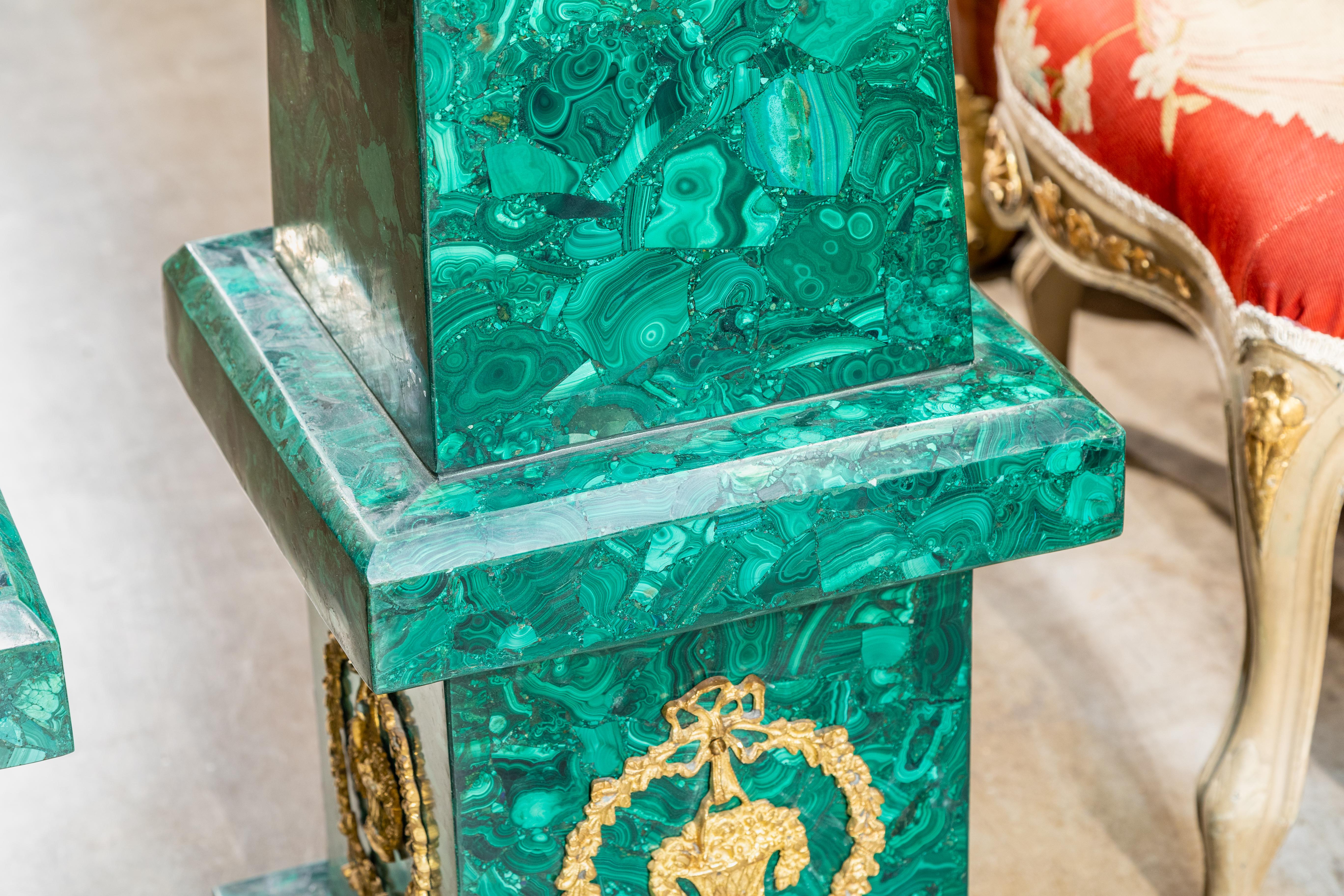 Neoclassical Revival Fine Pair of Palace Size Malachite and Gilt Bronze Mounted Floor Obelisks For Sale