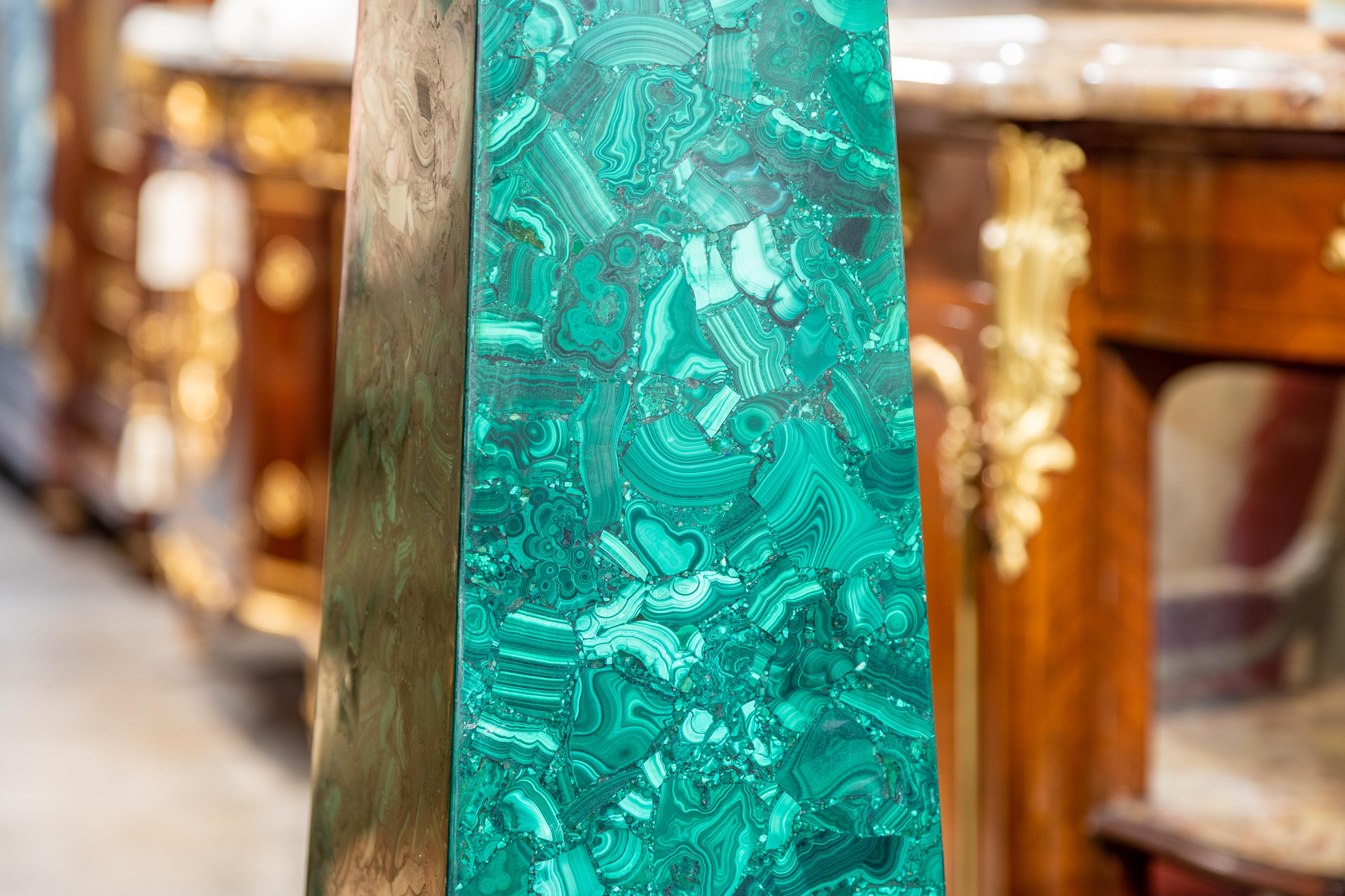 French Fine Pair of Palace Size Malachite and Gilt Bronze Mounted Floor Obelisks For Sale