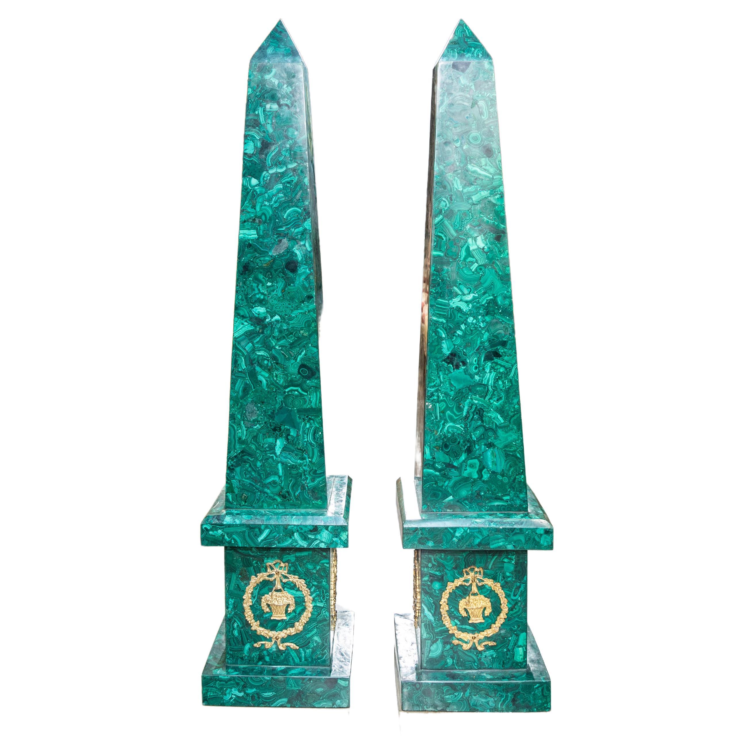Fine Pair of Palace Size Malachite and Gilt Bronze Mounted Floor Obelisks