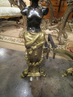 Fine Pair of Palatial Continental Patinated Bronze and Gilt Bronze Andirons