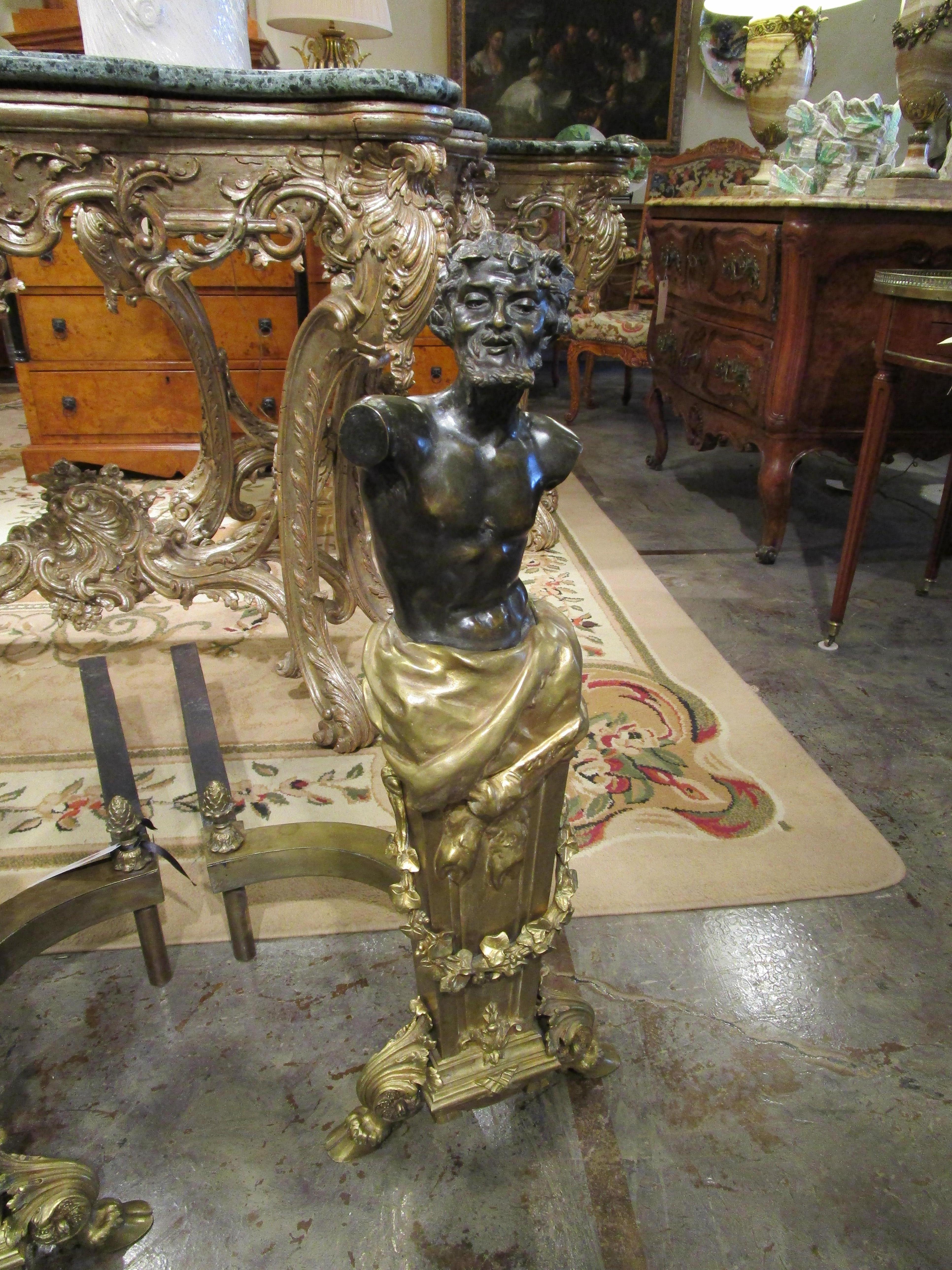 Italian Fine Pair of Palatial Continental Patinated Bronze and Gilt Bronze Andirons For Sale