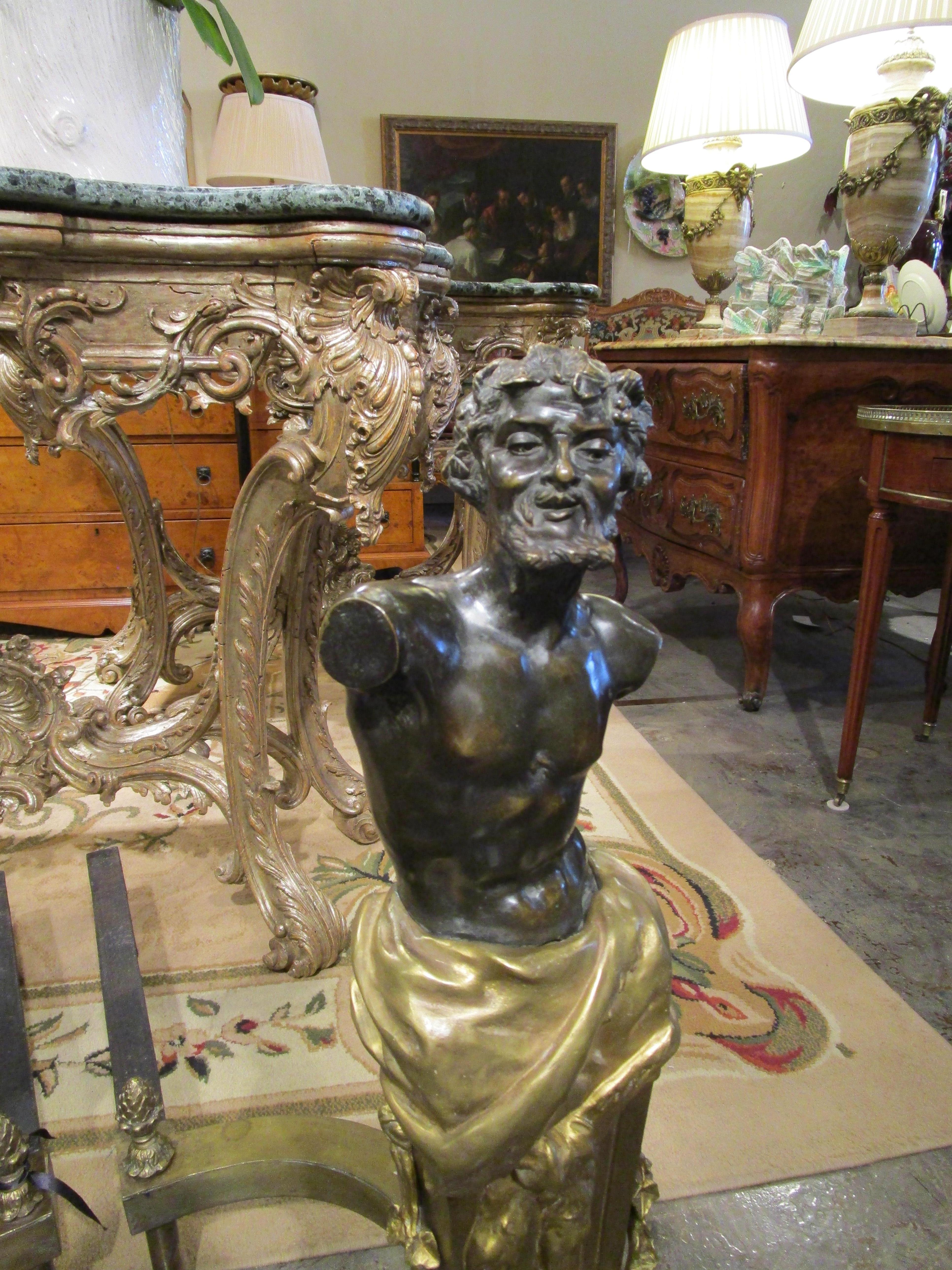 Fine Pair of Palatial Continental Patinated Bronze and Gilt Bronze Andirons In Good Condition For Sale In Dallas, TX