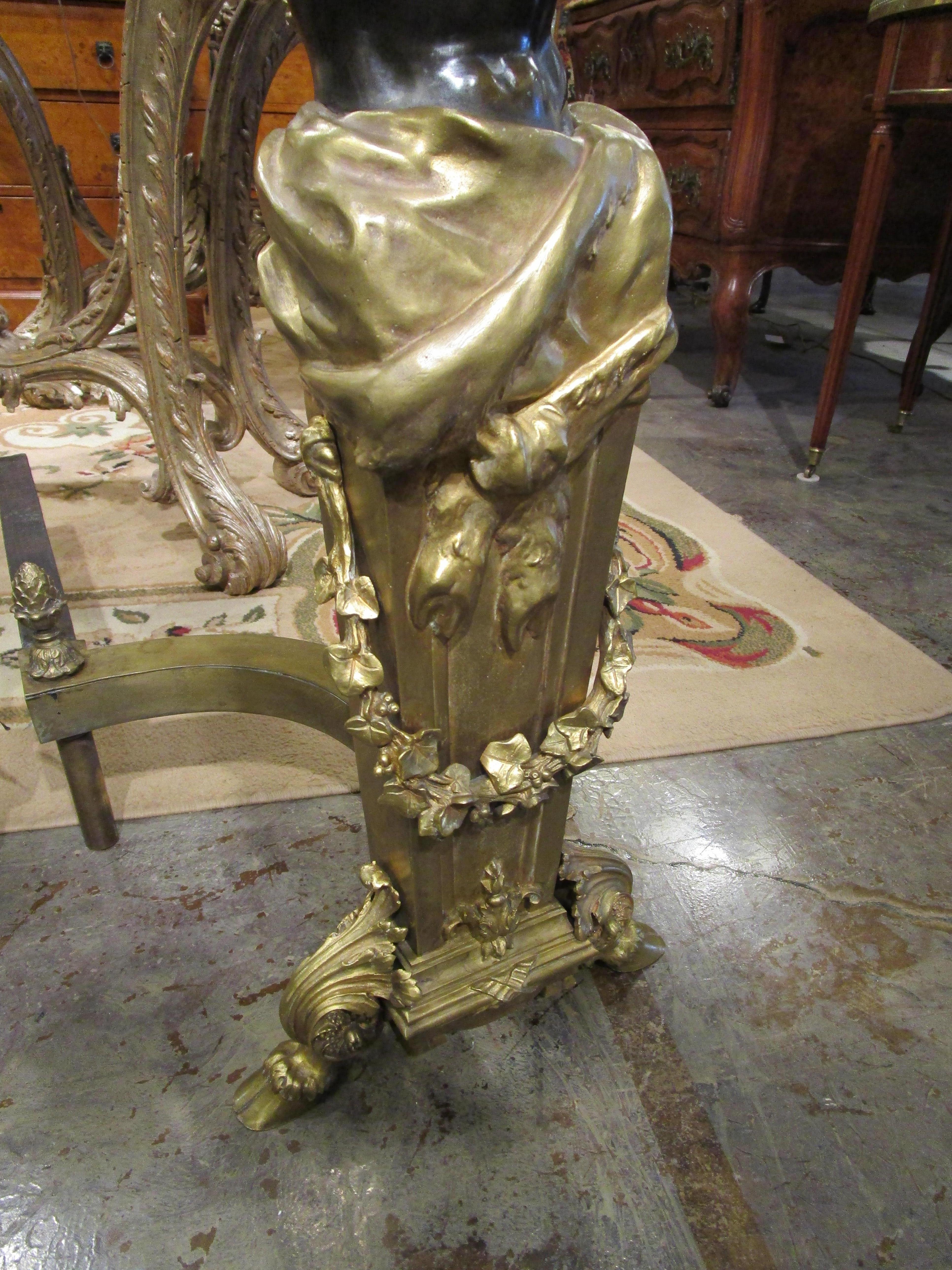 19th Century Fine Pair of Palatial Continental Patinated Bronze and Gilt Bronze Andirons For Sale