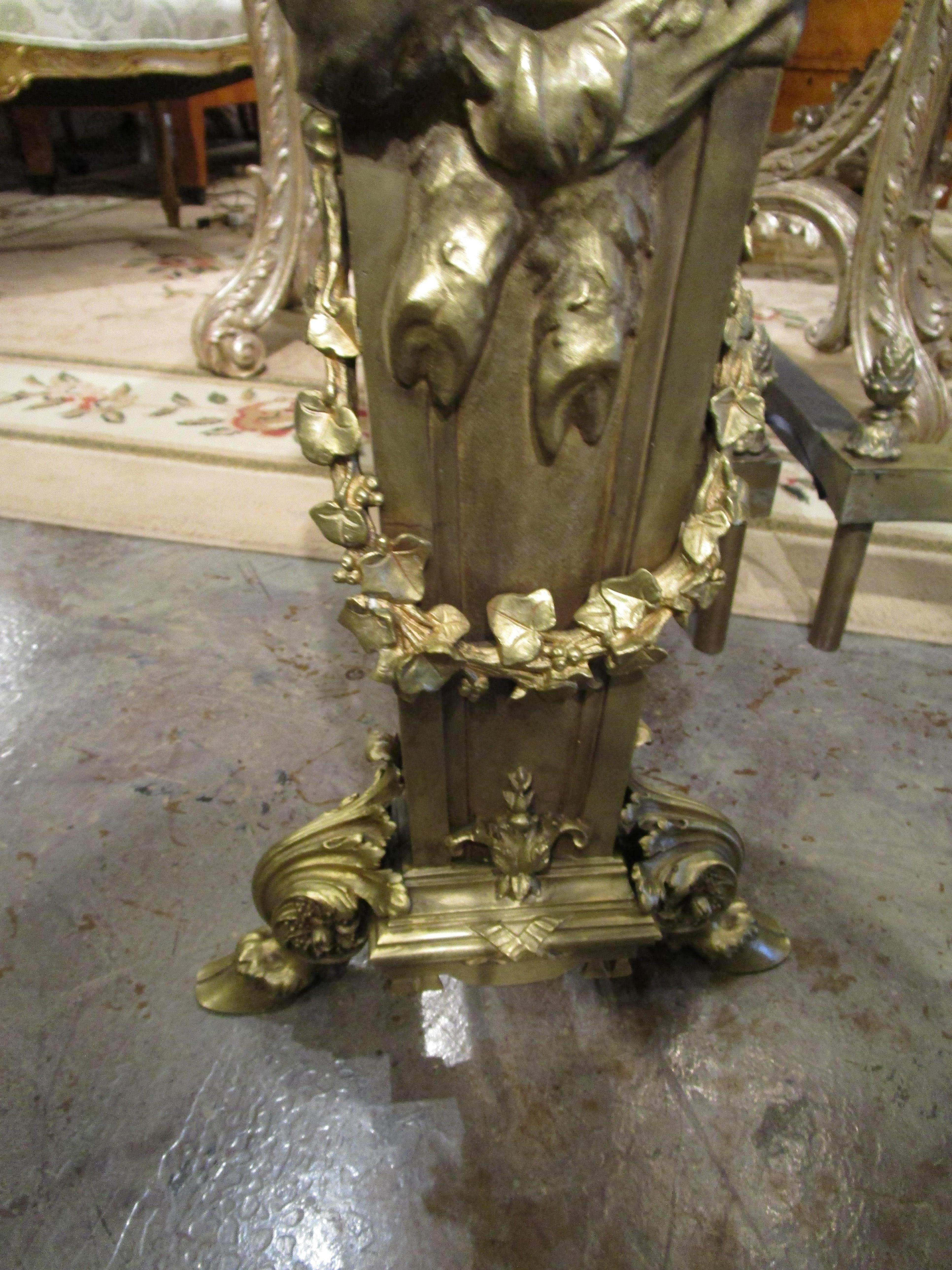 Fine Pair of Palatial Continental Patinated Bronze and Gilt Bronze Andirons For Sale 1