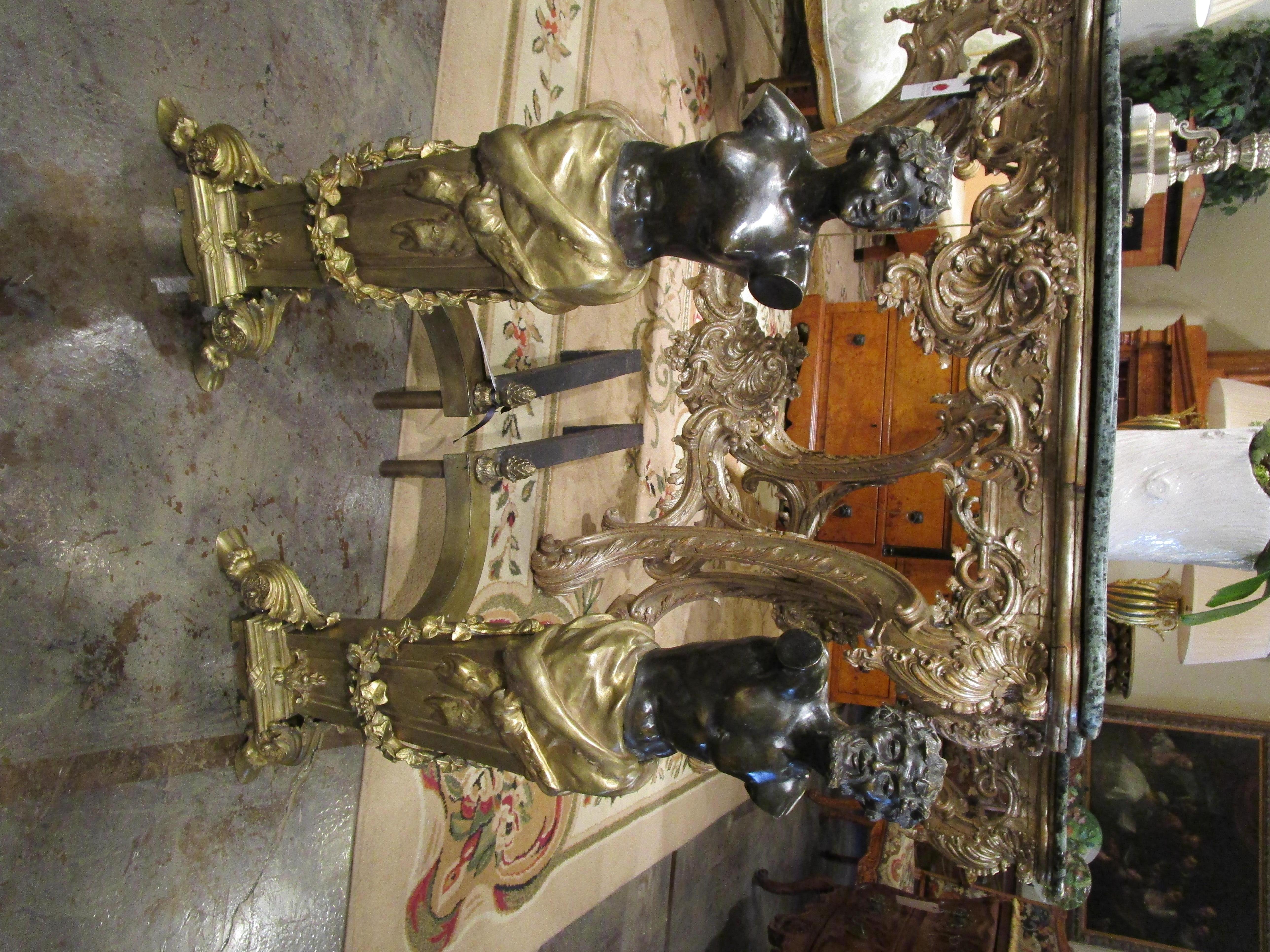 Fine Pair of Palatial Continental Patinated Bronze and Gilt Bronze Andirons For Sale 2