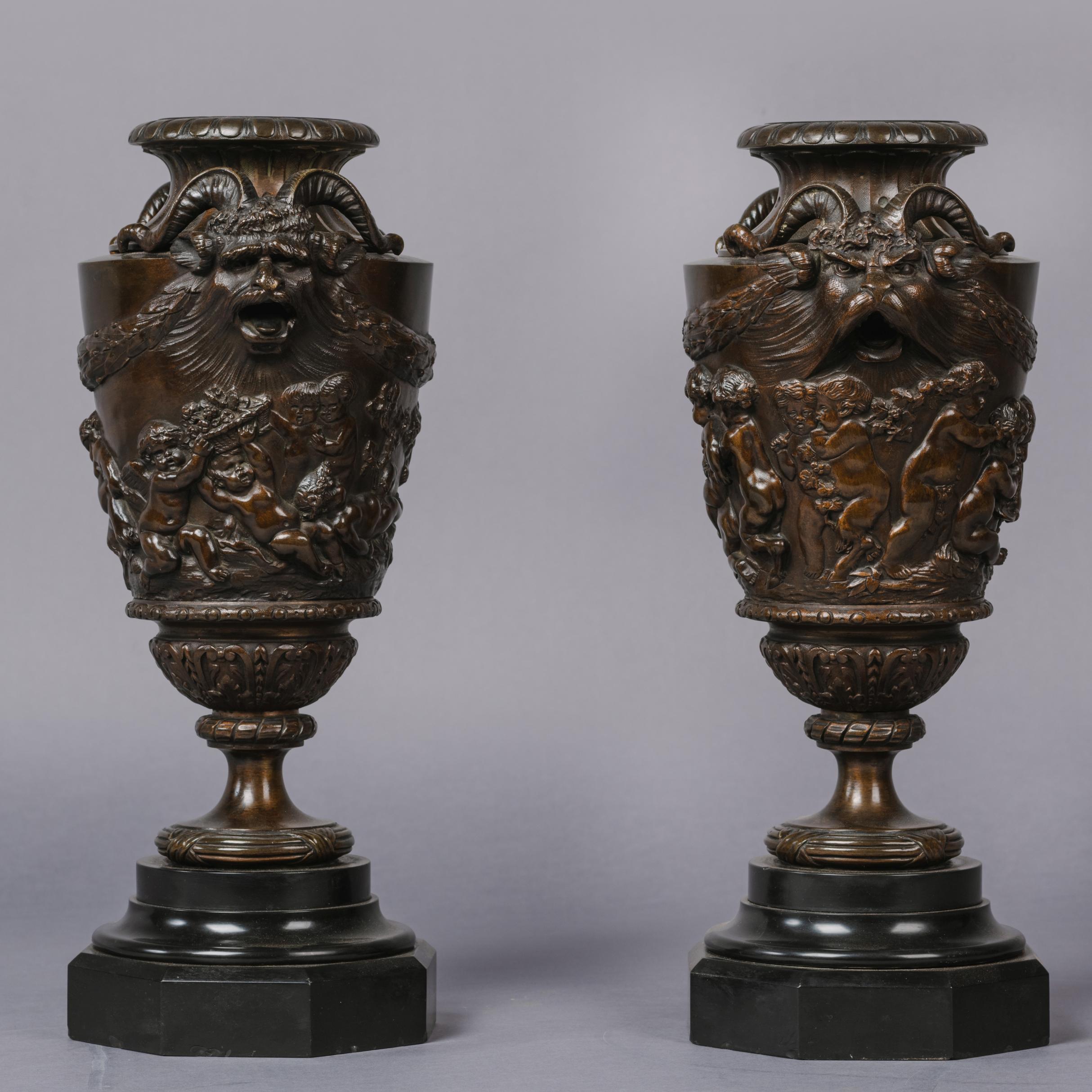 Louis XV Fine Pair of Patinated Bronze Bacchanalian Vases For Sale