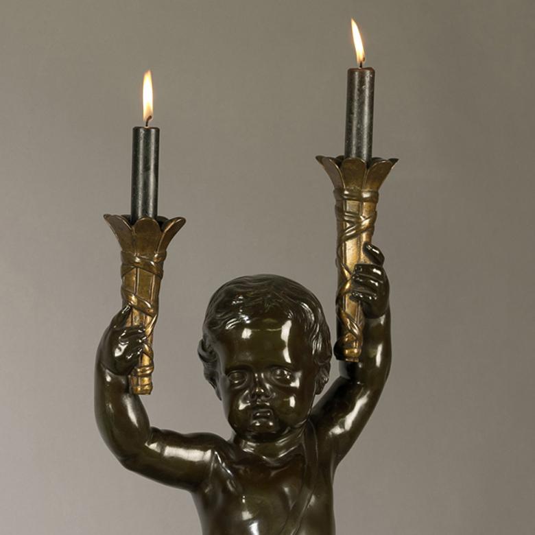 French Fine Pair of Patinated Bronze Figural Torchères, circa 1890 For Sale