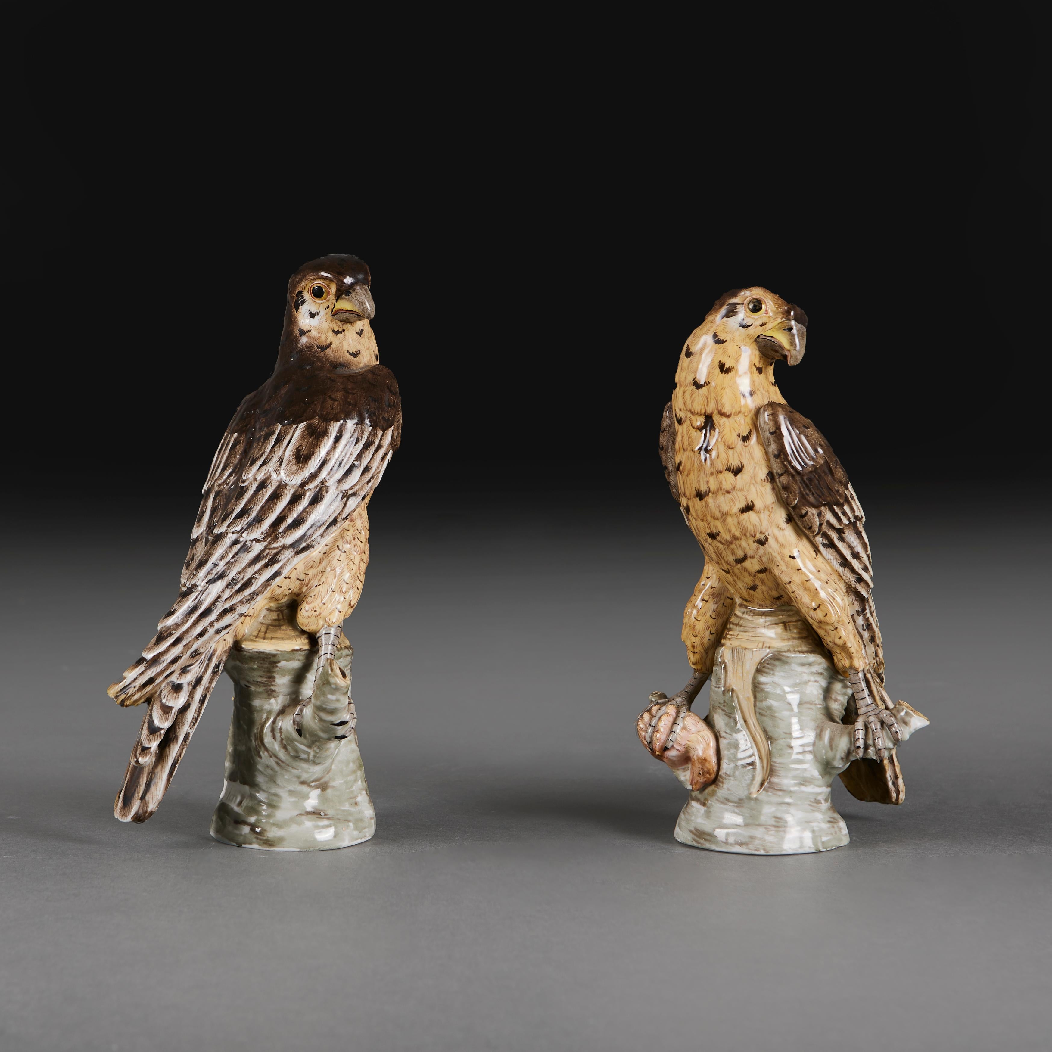A fine pair of mid nineteenth century pottery sparrow hawk sculptures, with finely painted feathers, the opposing hawks perched on naturalistic bases.