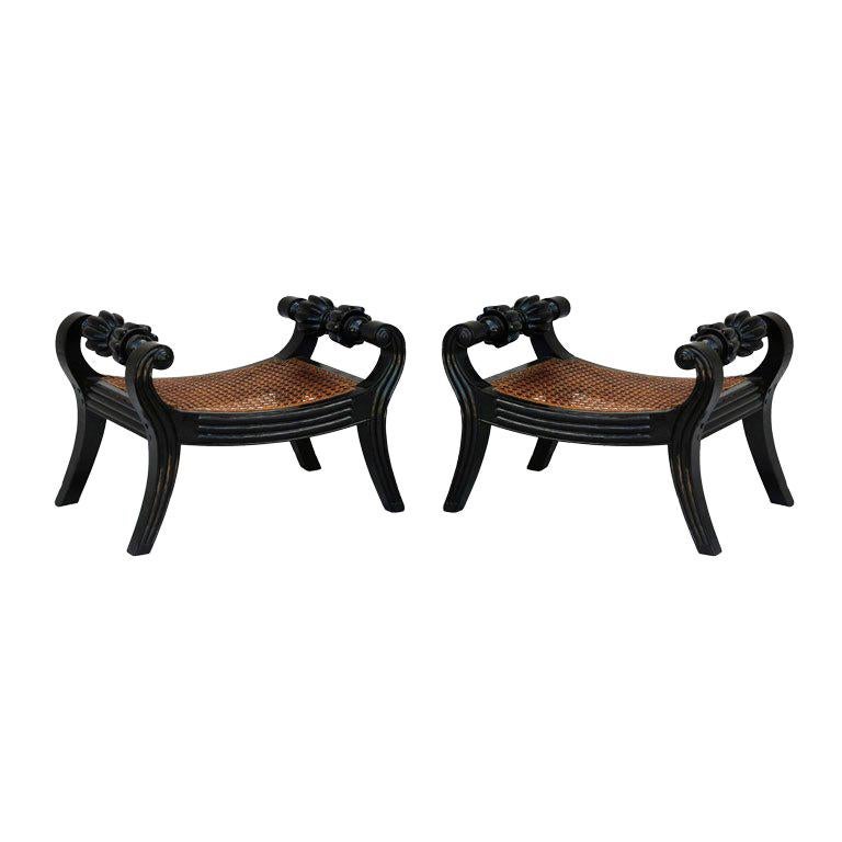 A Fine Pair of Regency Ebony Caned Footstools For Sale