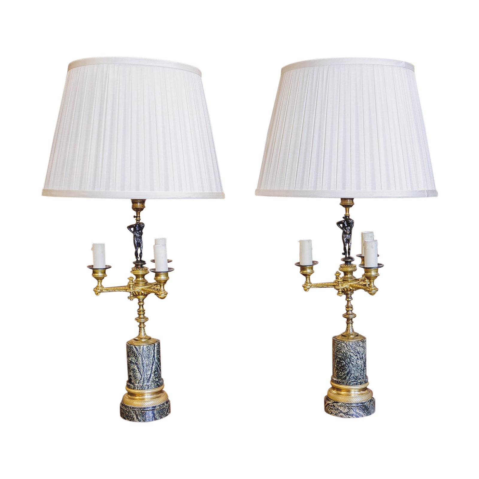 A fine pair of Regency marble and bronze candelabra lamps