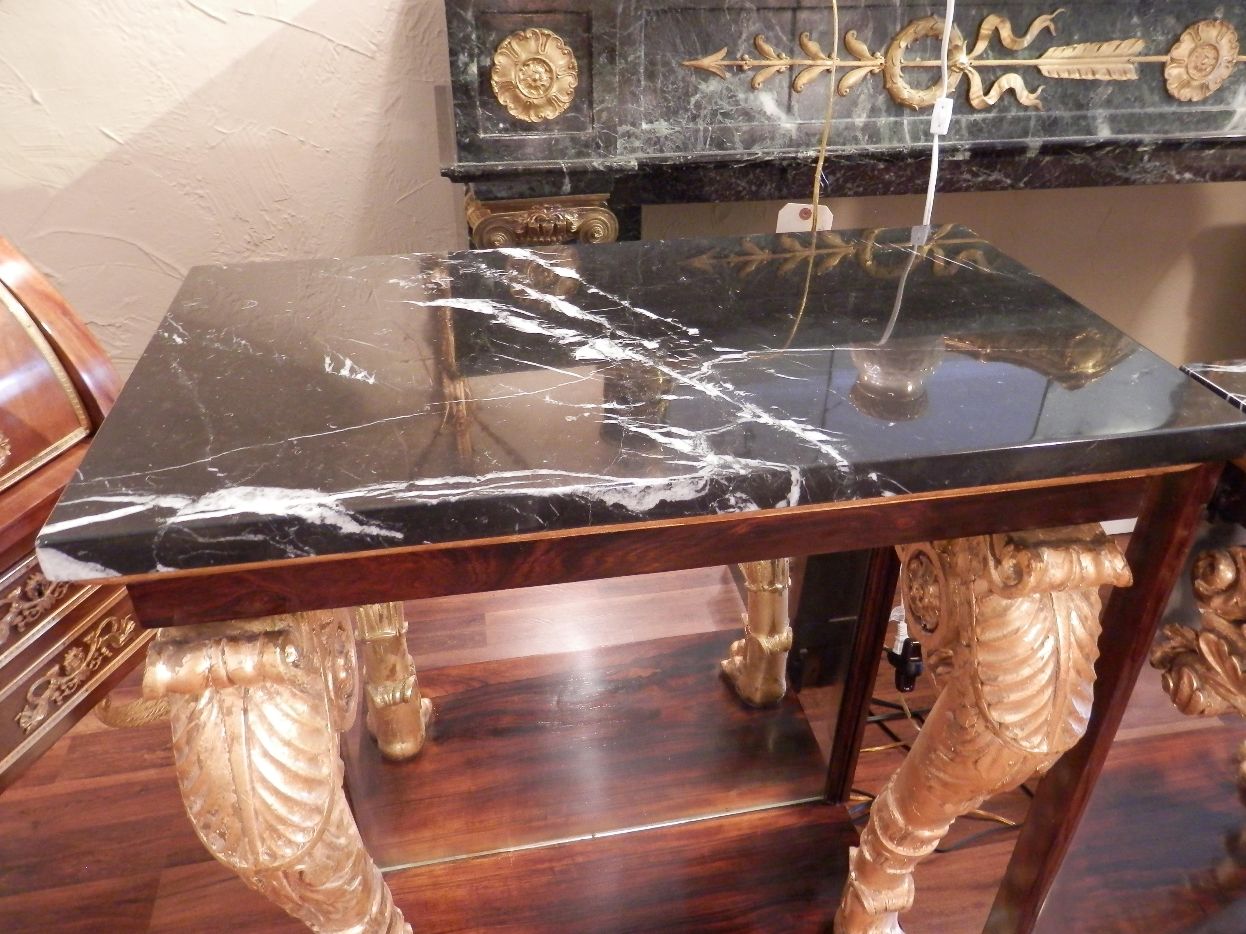 English A fine pair of Regency rosewood and parcel gilt marble top consoles  For Sale