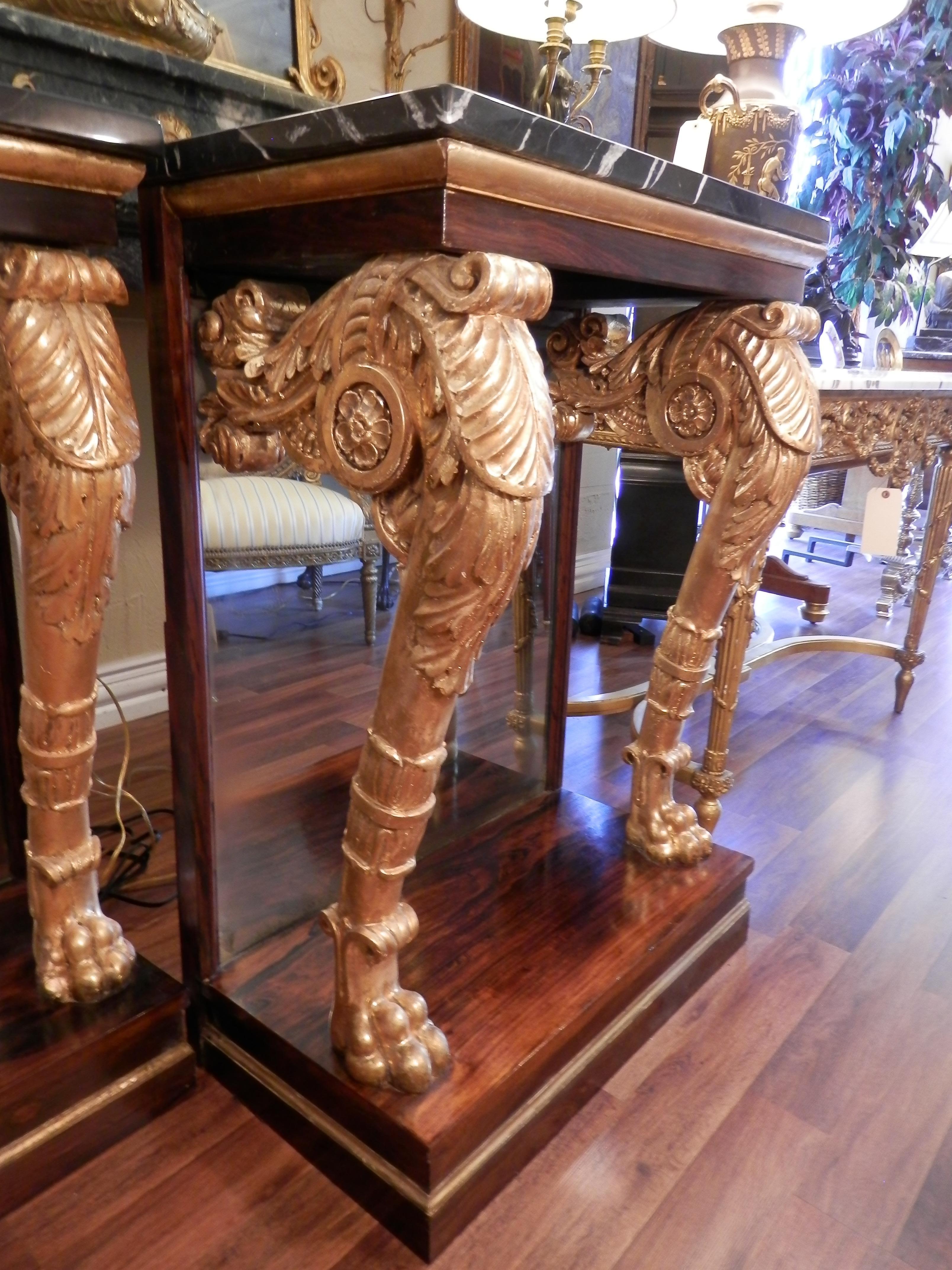A fine pair of Regency rosewood and parcel gilt marble top consoles  In Good Condition For Sale In Dallas, TX